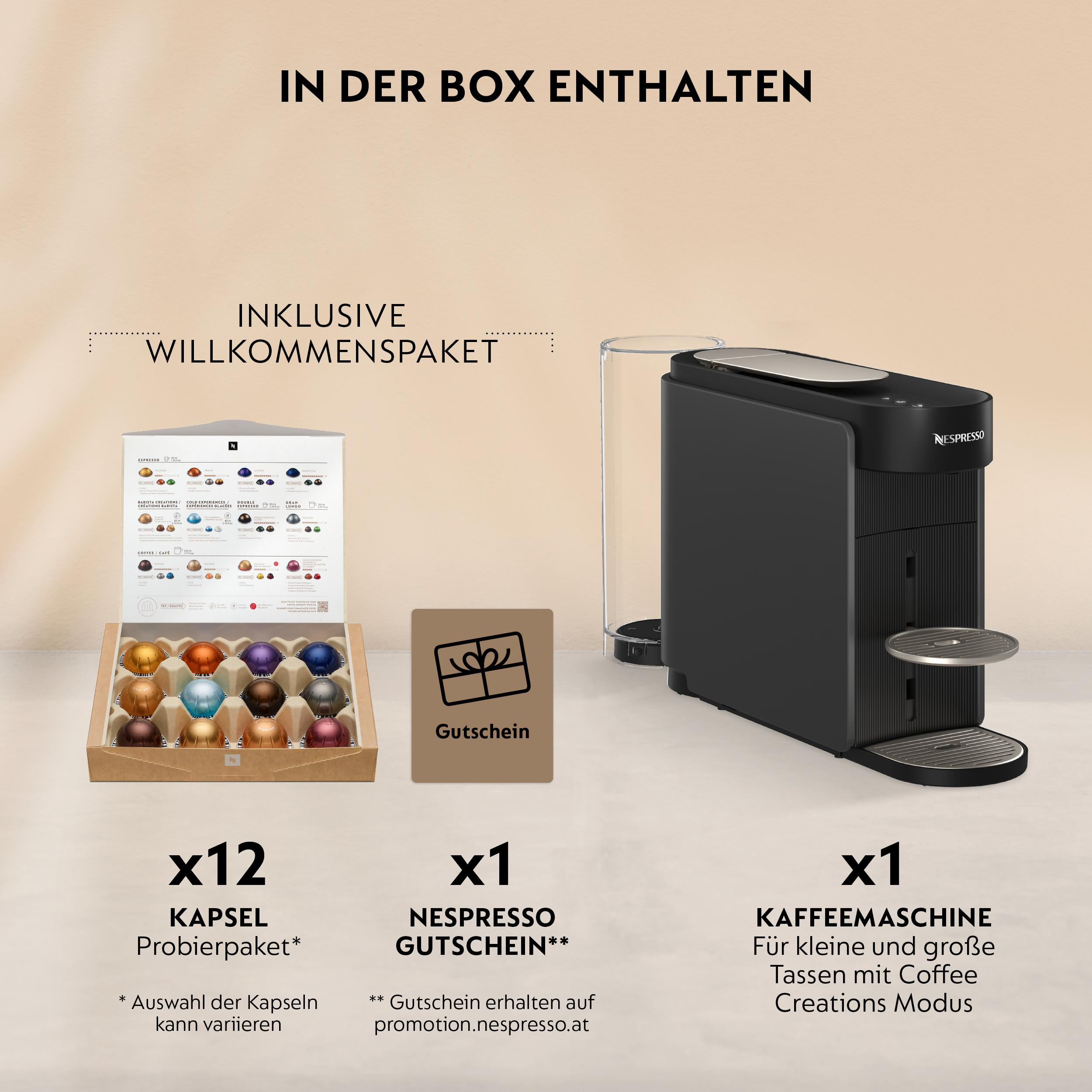 Nespresso-Set: Kaffeemaschine, 12 Kapseln und Gutschein in einer Box.