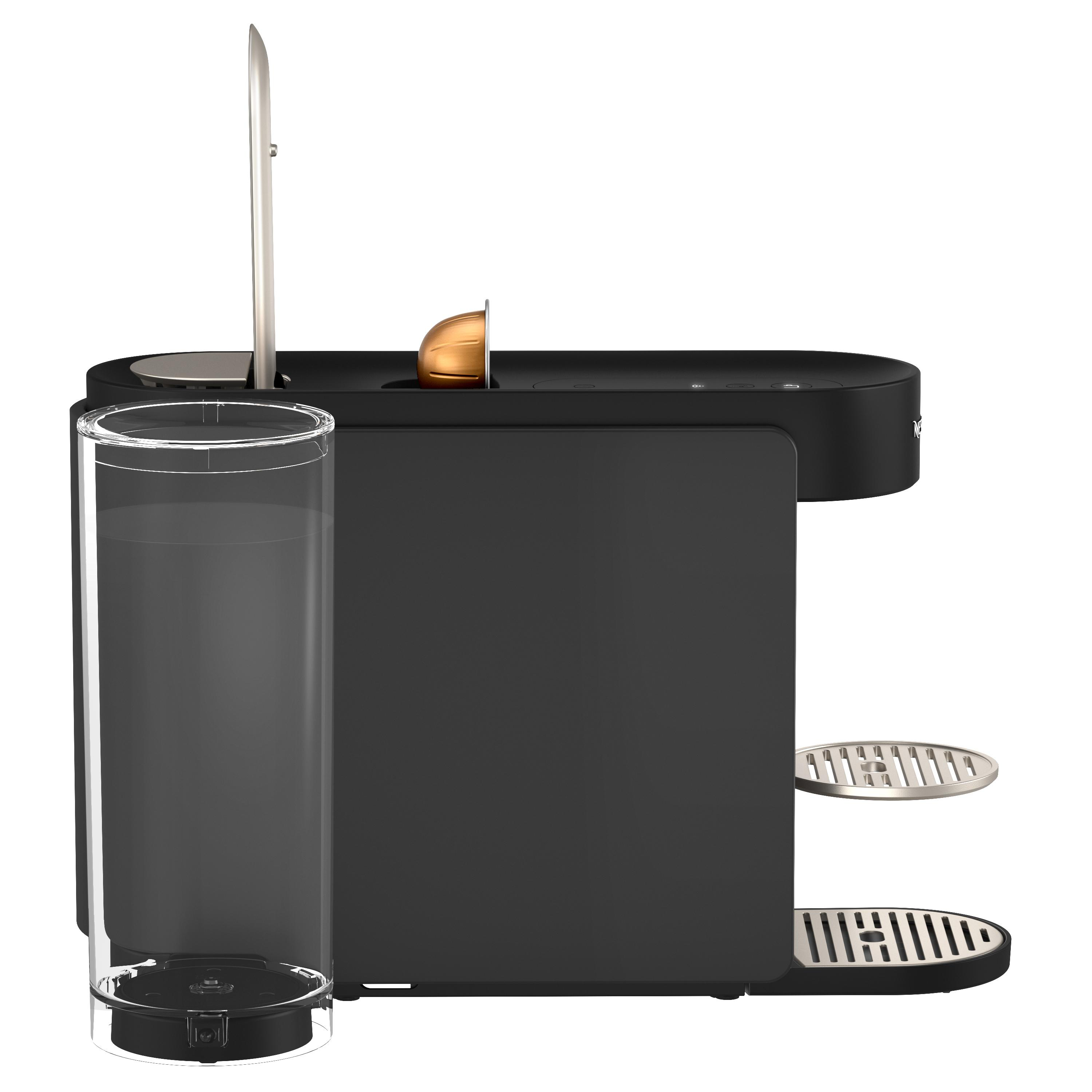 Schwarze Kaffeemaschine mit Wassertank, Kapsel und Abtropfschale.