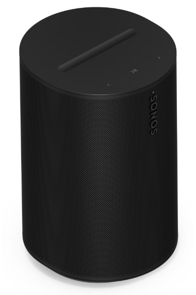 Schwarzer, zylindrischer Sonos Lautsprecher mit einer gerippten Oberseite und Lochmuster.