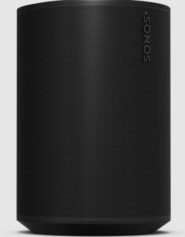Schwarzer zylindrischer Lautsprecher mit perforierter Oberfläche und Sonos-Logo.