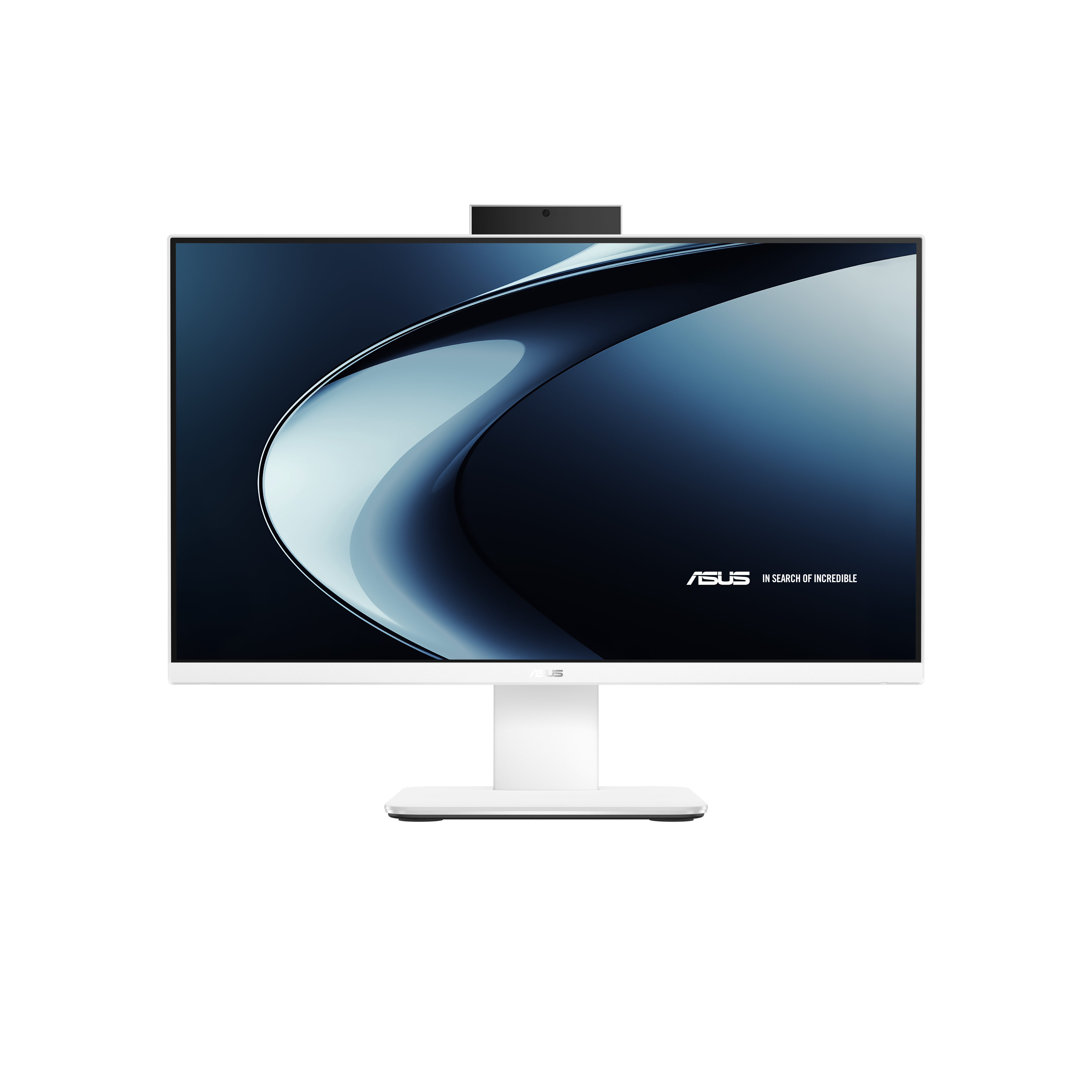 Webcamli beyaz monitör, ekranda ASUS logosu bulunuyor.