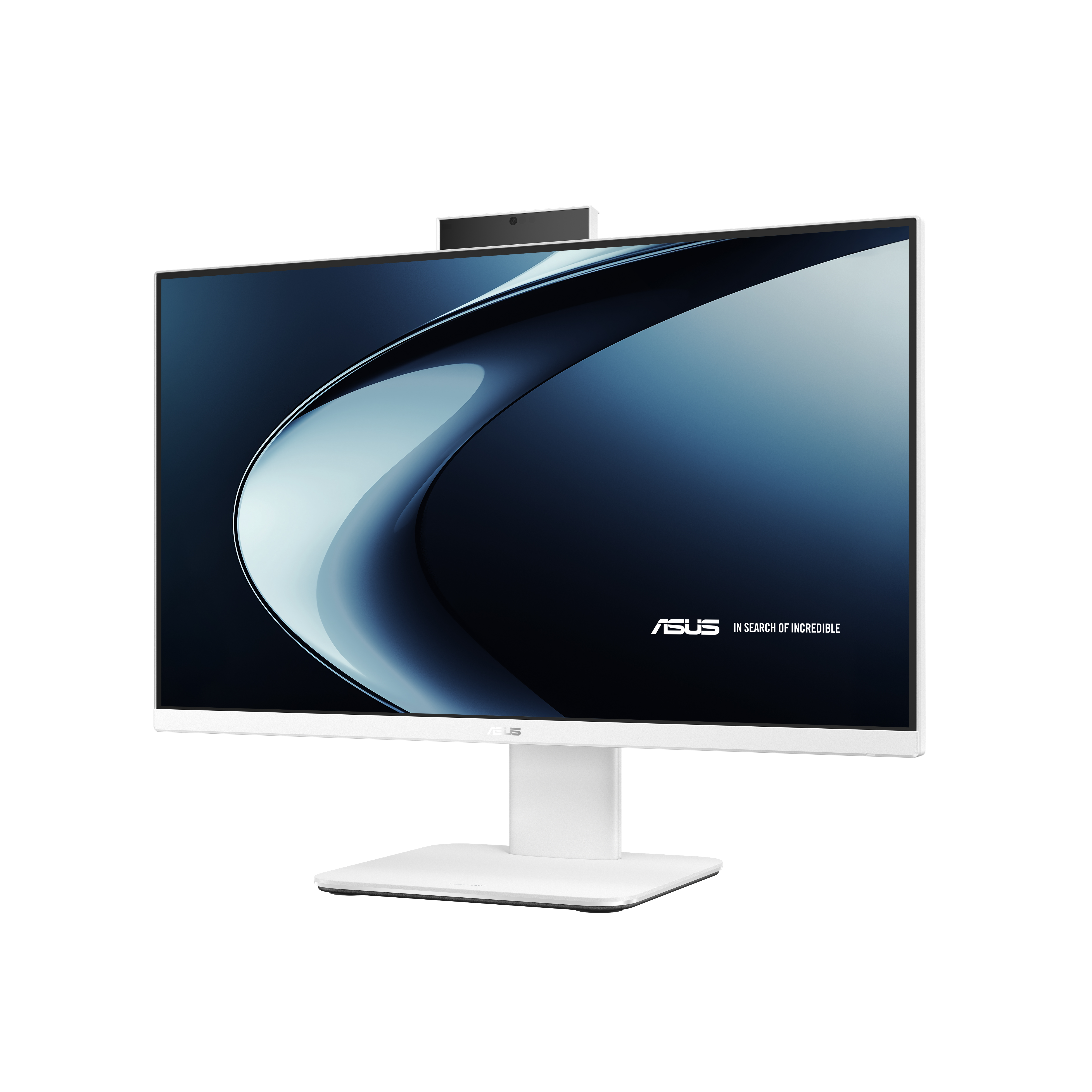 Modern soyut tasarımlı, koyu ekranlı beyaz Asus Hepsi Bir Arada bilgisayar.