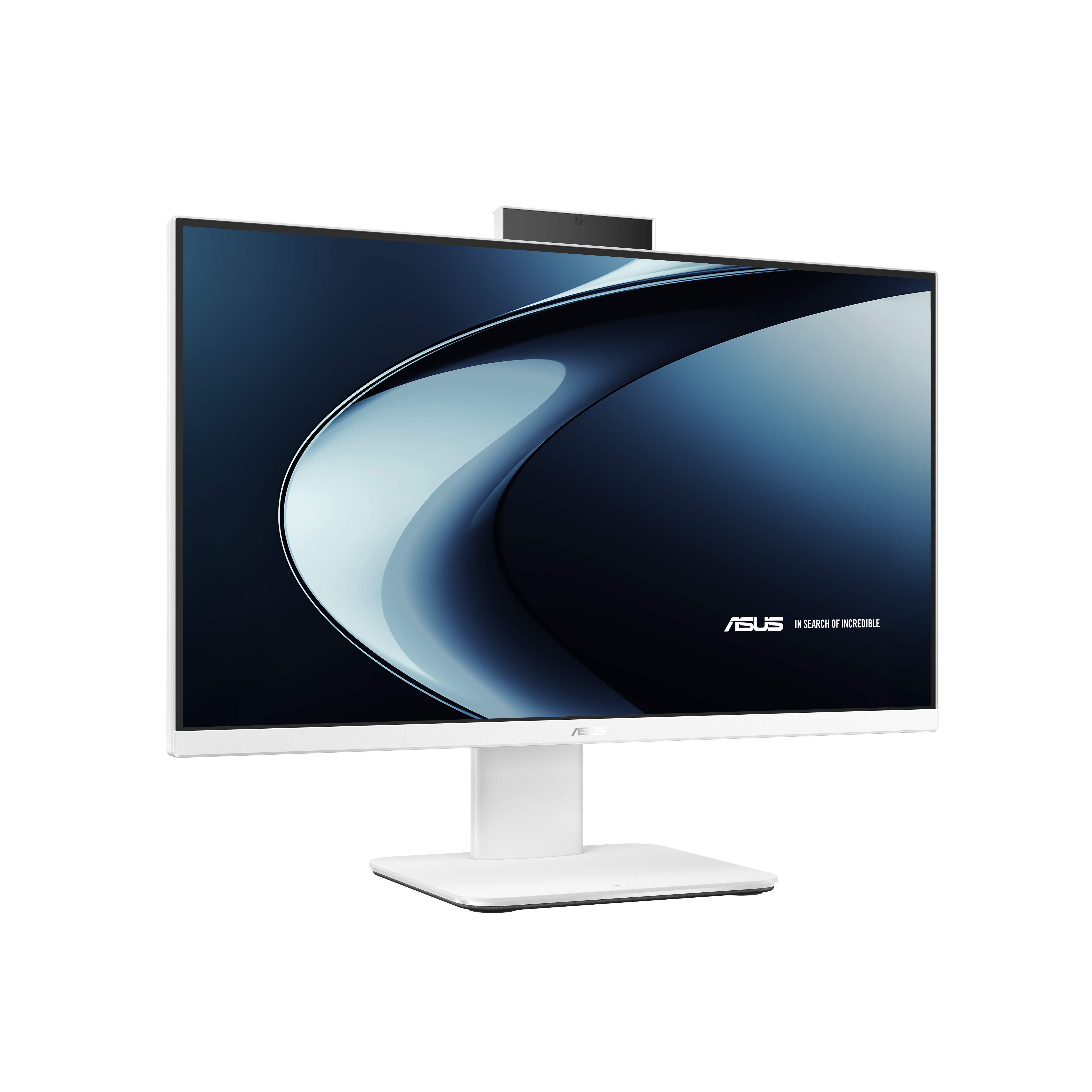 Koyu, kavisli duvar kağıdı ve üstte kamerası olan beyaz bir monitör.