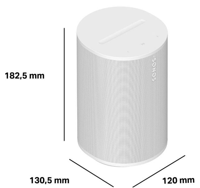 Weier Sonos Lautsprecher, zylindrisch, mit Maangaben.
