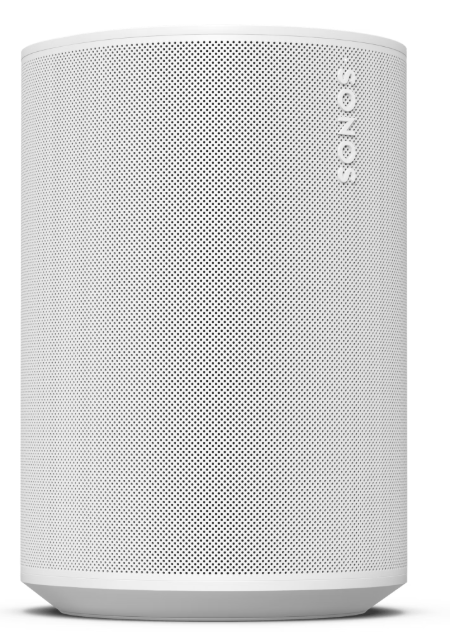 Ein weißer Sonos Lautsprecher mit Lochmuster und dezentem Schriftzug.