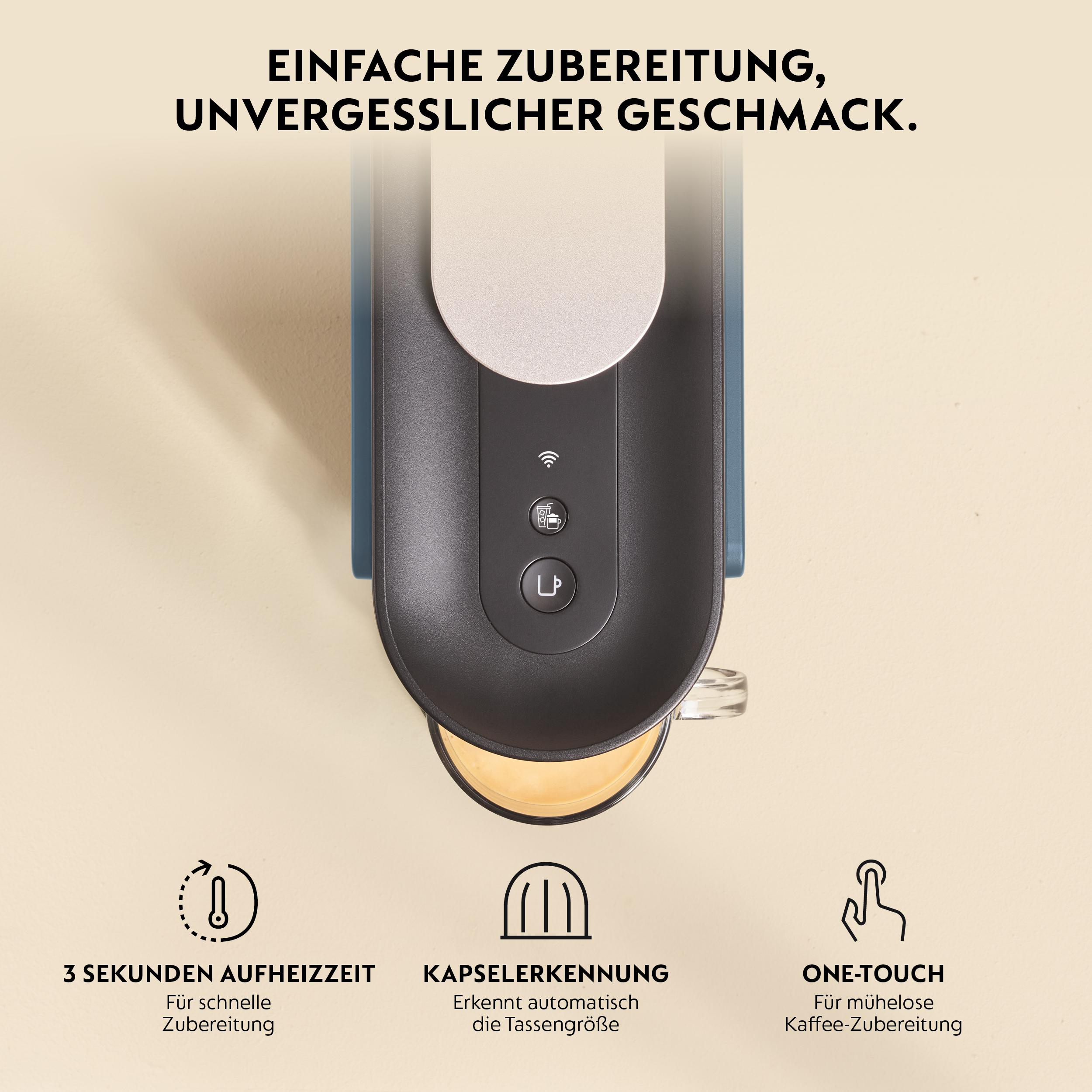 Eine Kaffeemaschine brüht Kaffee in eine Tasse, mit Icons für Schnelligkeit.