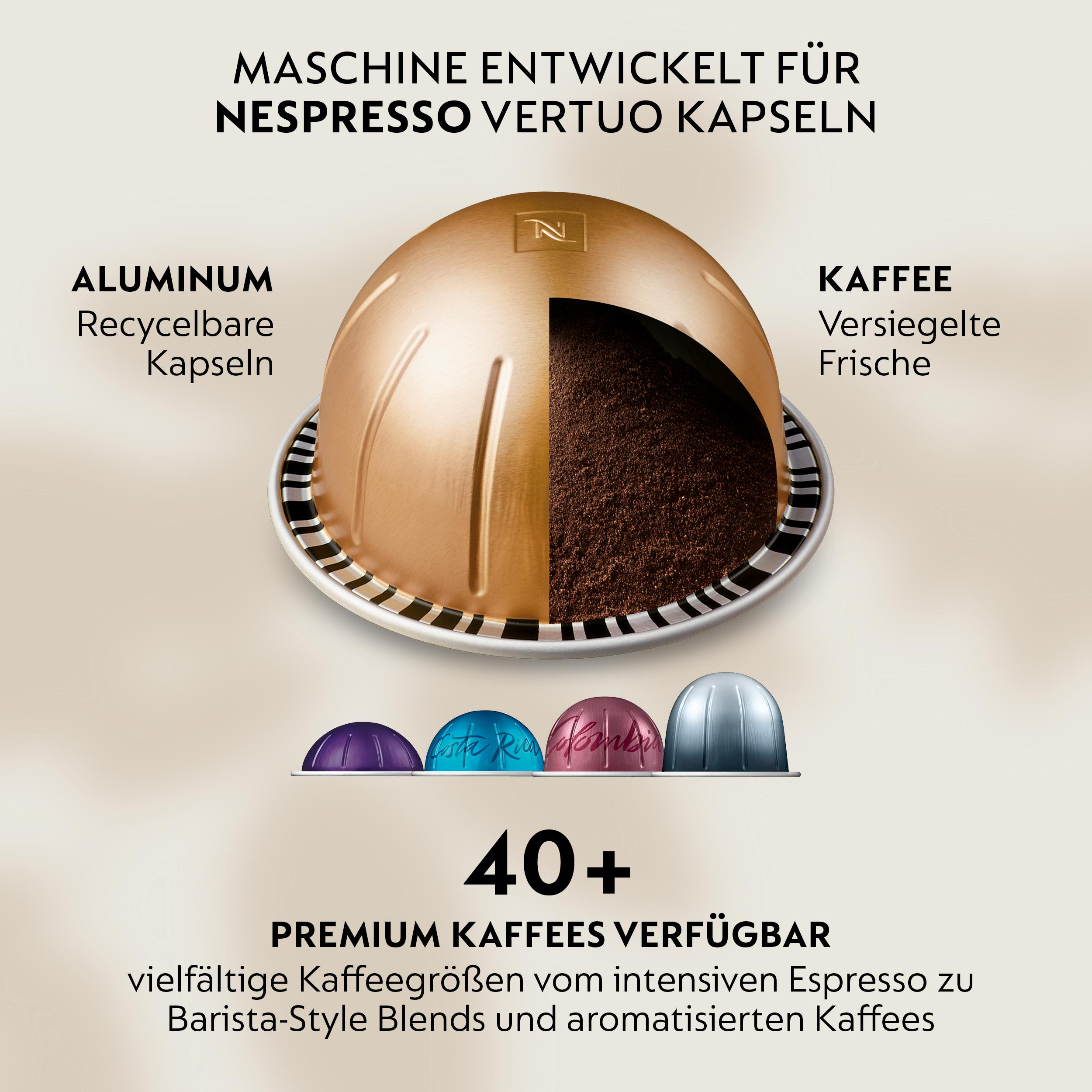 Eine Nespresso Vertuo Kapsel, halb aus Aluminium, halb gefüllt mit Kaffee.