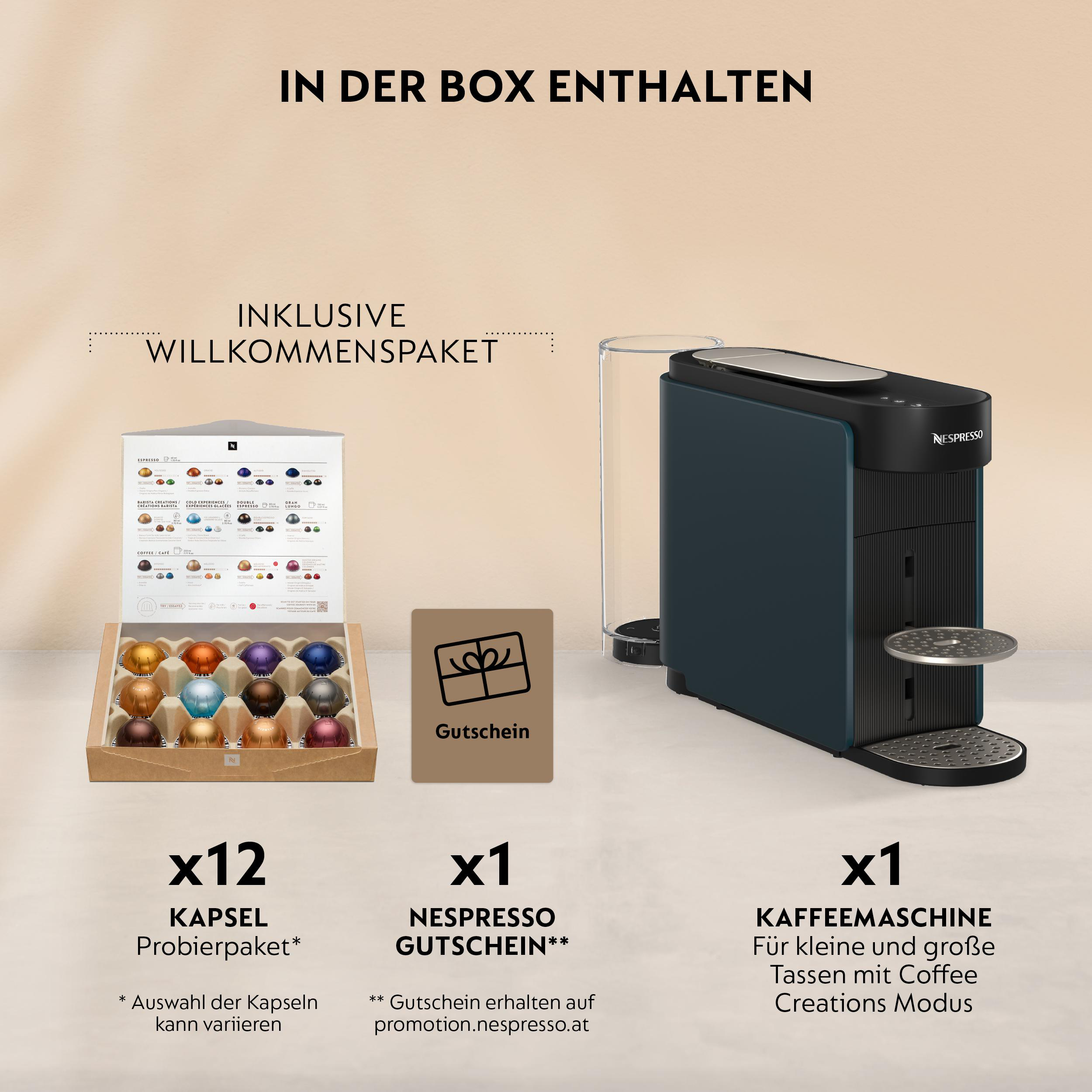 Nespresso Paket: Kapseln, Gutschein und Kaffeemaschine in einer Box.