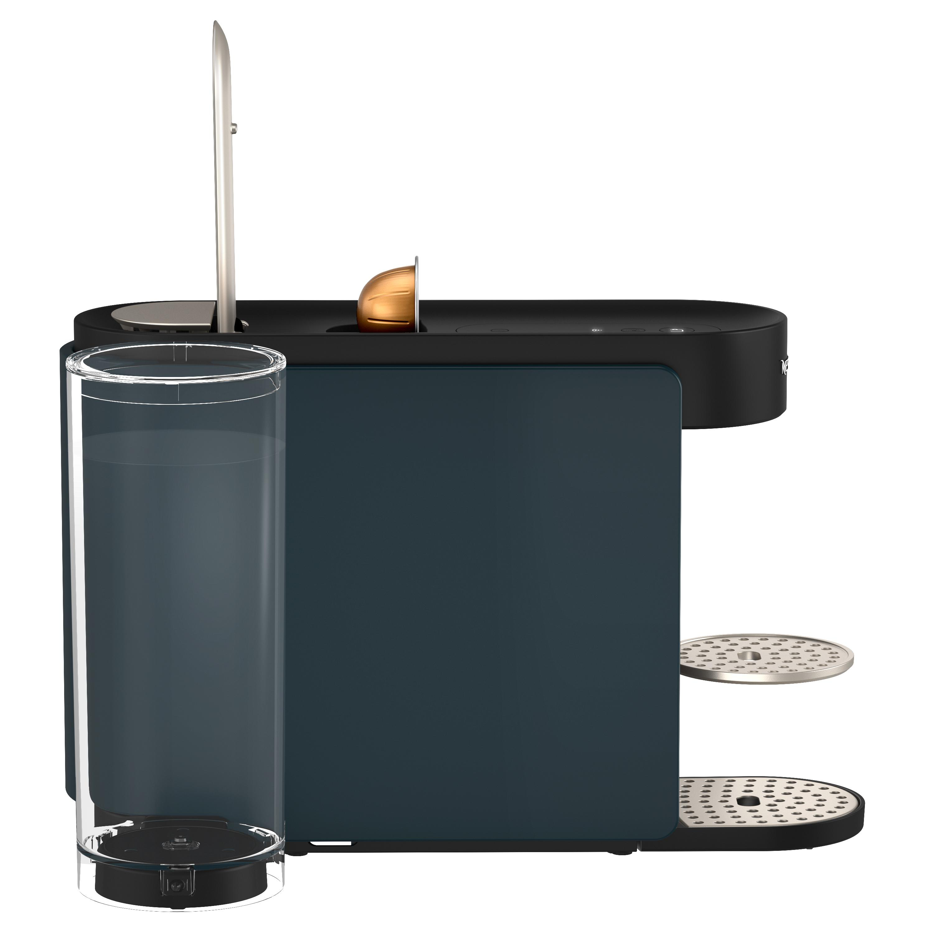 Schwarze Kaffeemaschine mit Wassertank, Kapsel und Tropfschale.