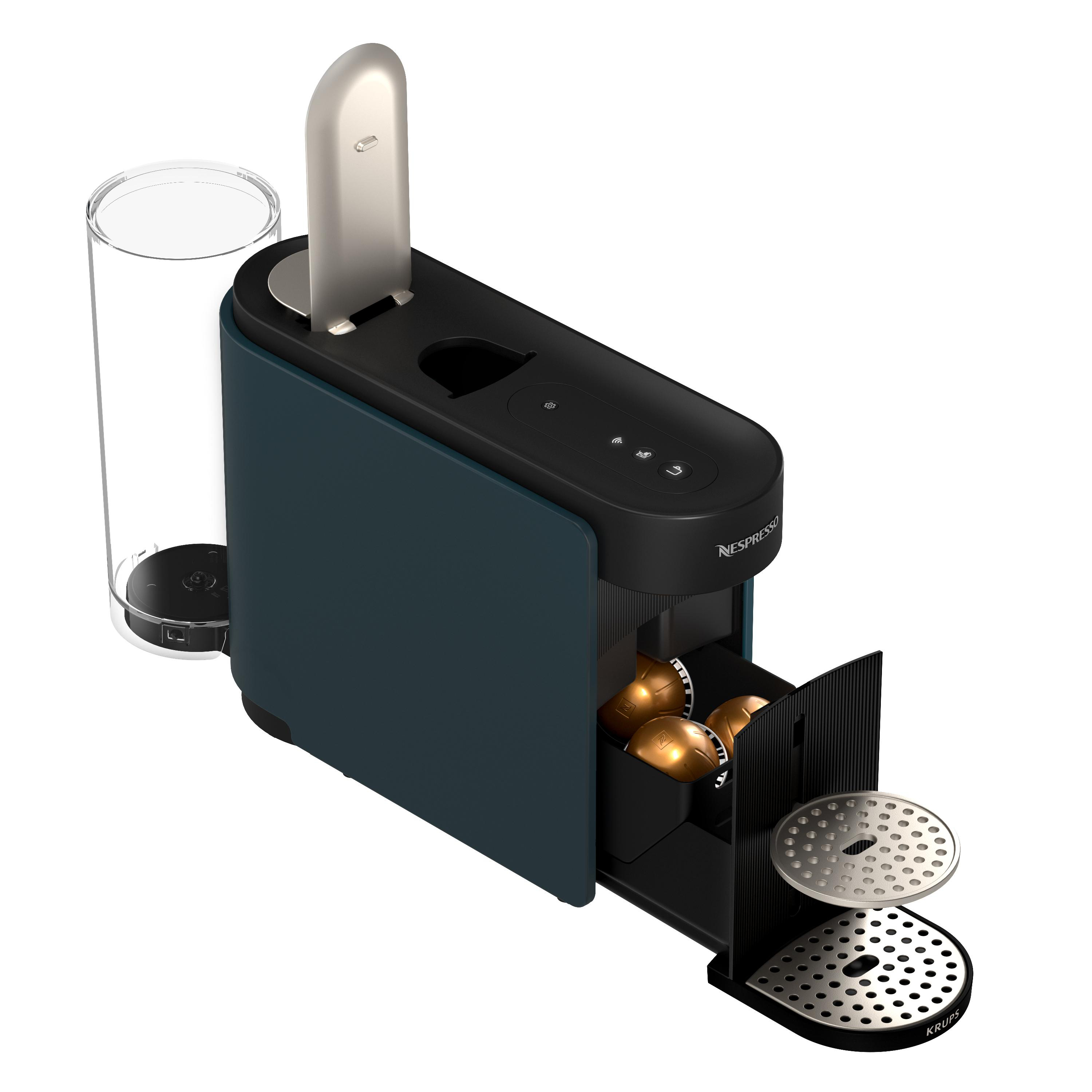 Eine Kaffeemaschine mit Wassertank, Kapselschublade und Kaffeeauslauf.