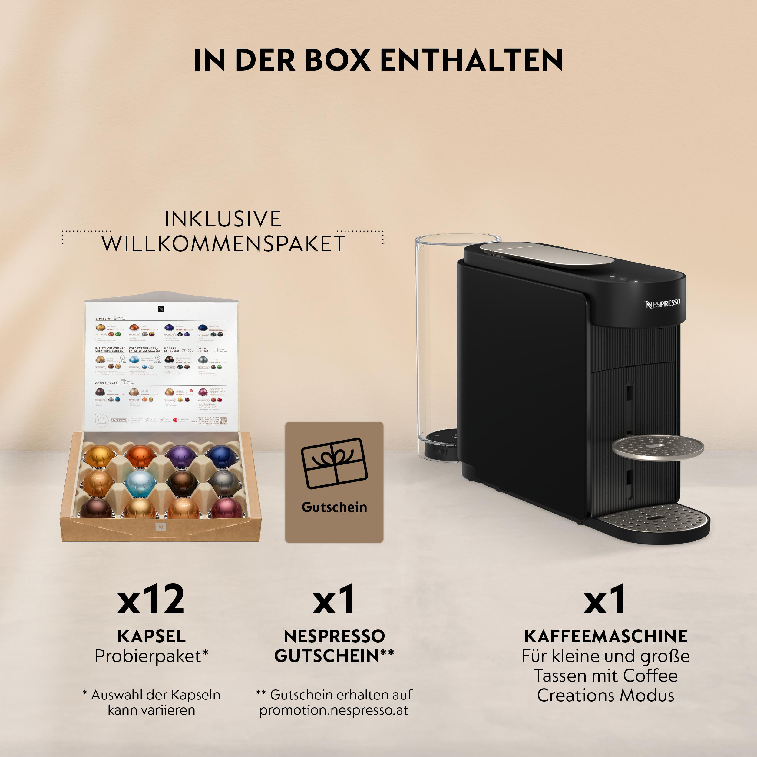 Nespresso Kaffeemaschine mit Kapseln und Gutschein im Karton.
