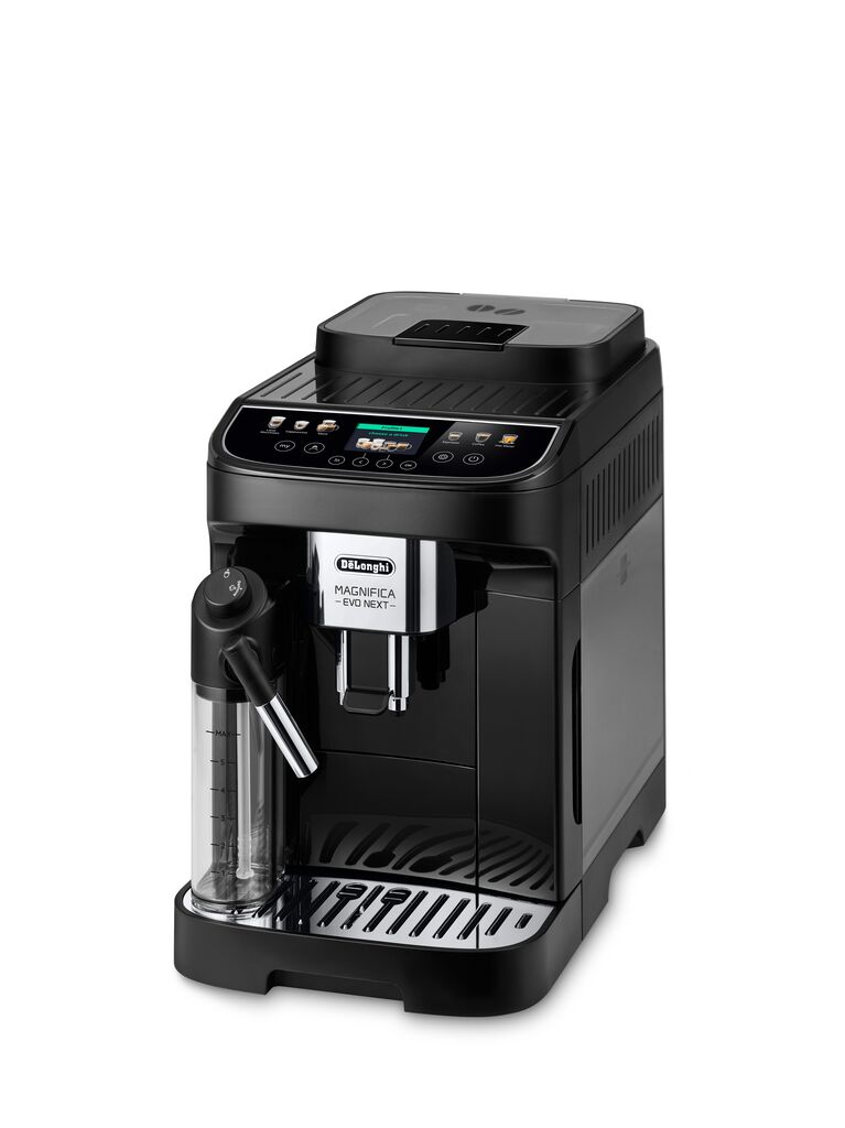 Süt haznesi ve kontrol panelli siyah DeLonghi Magnifica kahve makinesi.