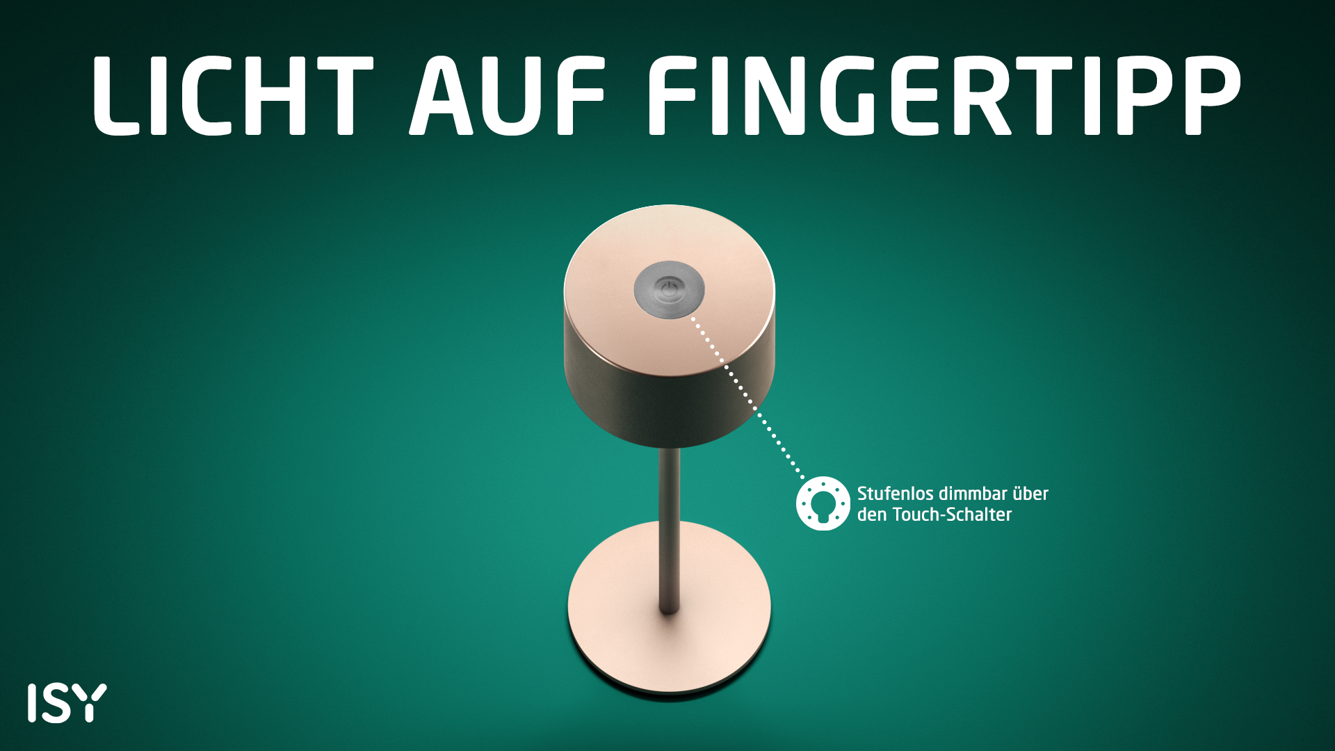 Eine rosegoldene Tischlampe mit Touch-Schalter steht auf einem dunklen Hintergrund.