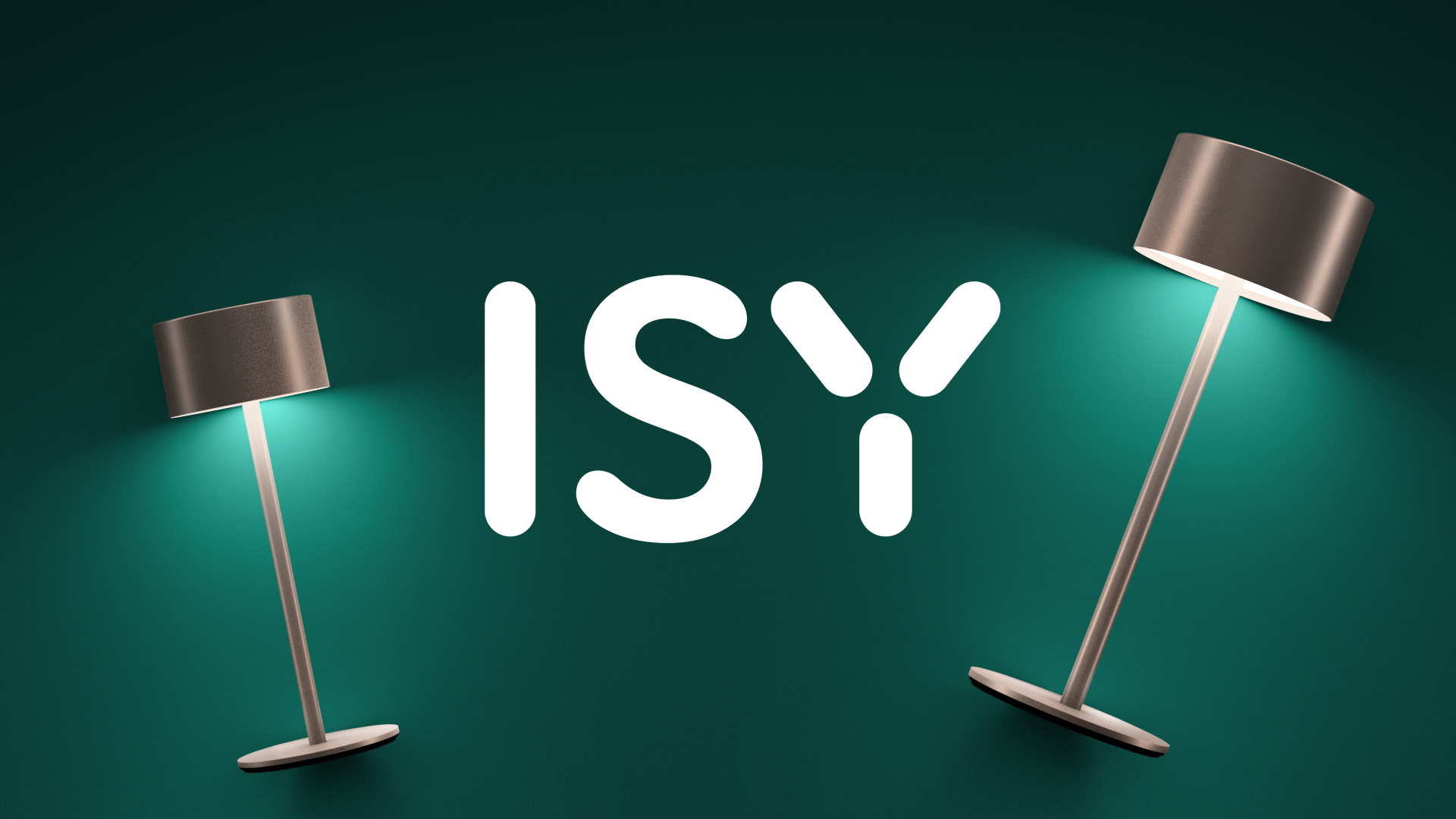 Zwei moderne Lampen flankieren das weiße ISY-Logo auf petrolfarbenem Hintergrund.