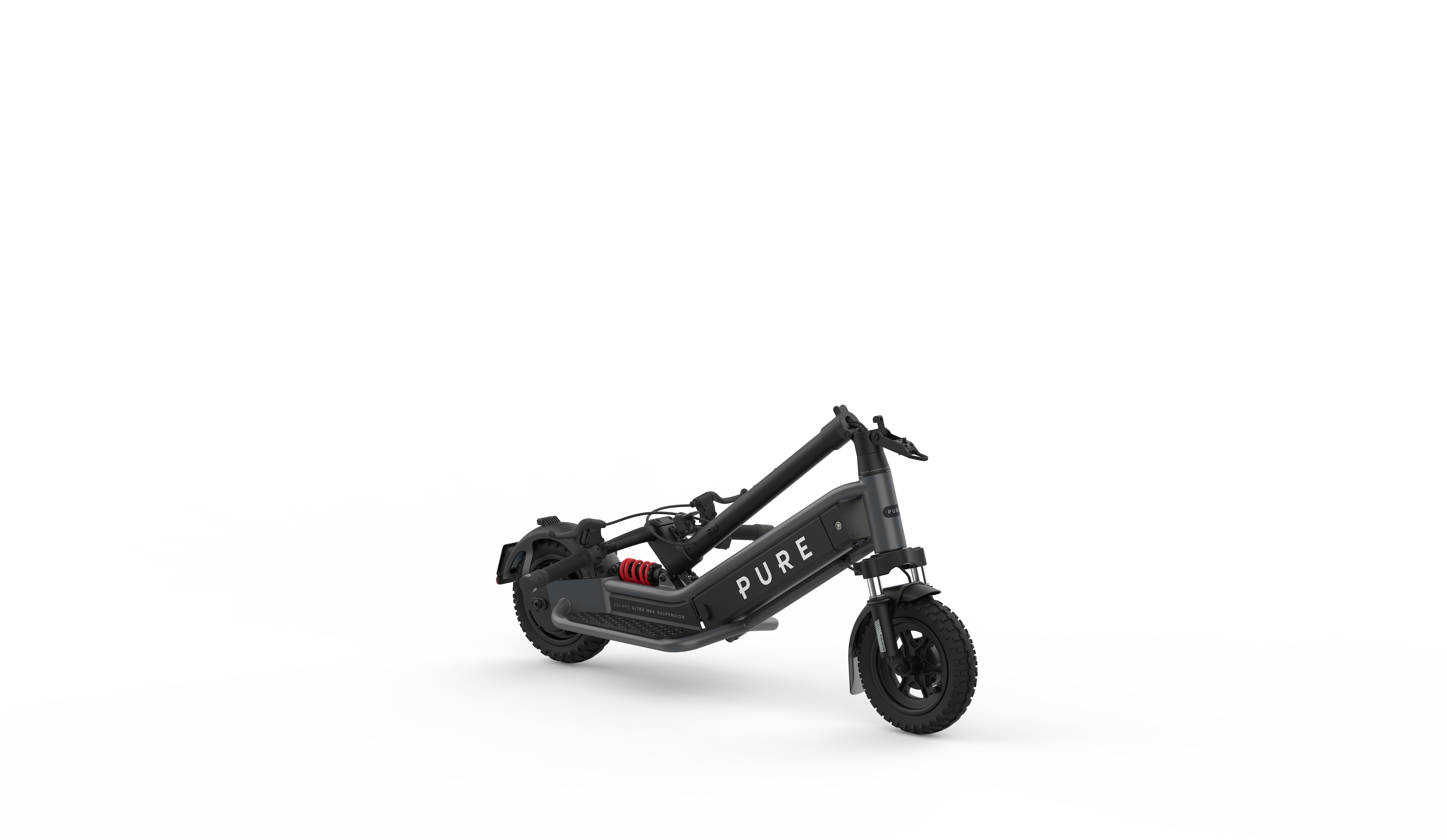 Ein graues, zusammengeklapptes E-Scooter mit roten Stoßdämpfern auf weißem Hintergrund.