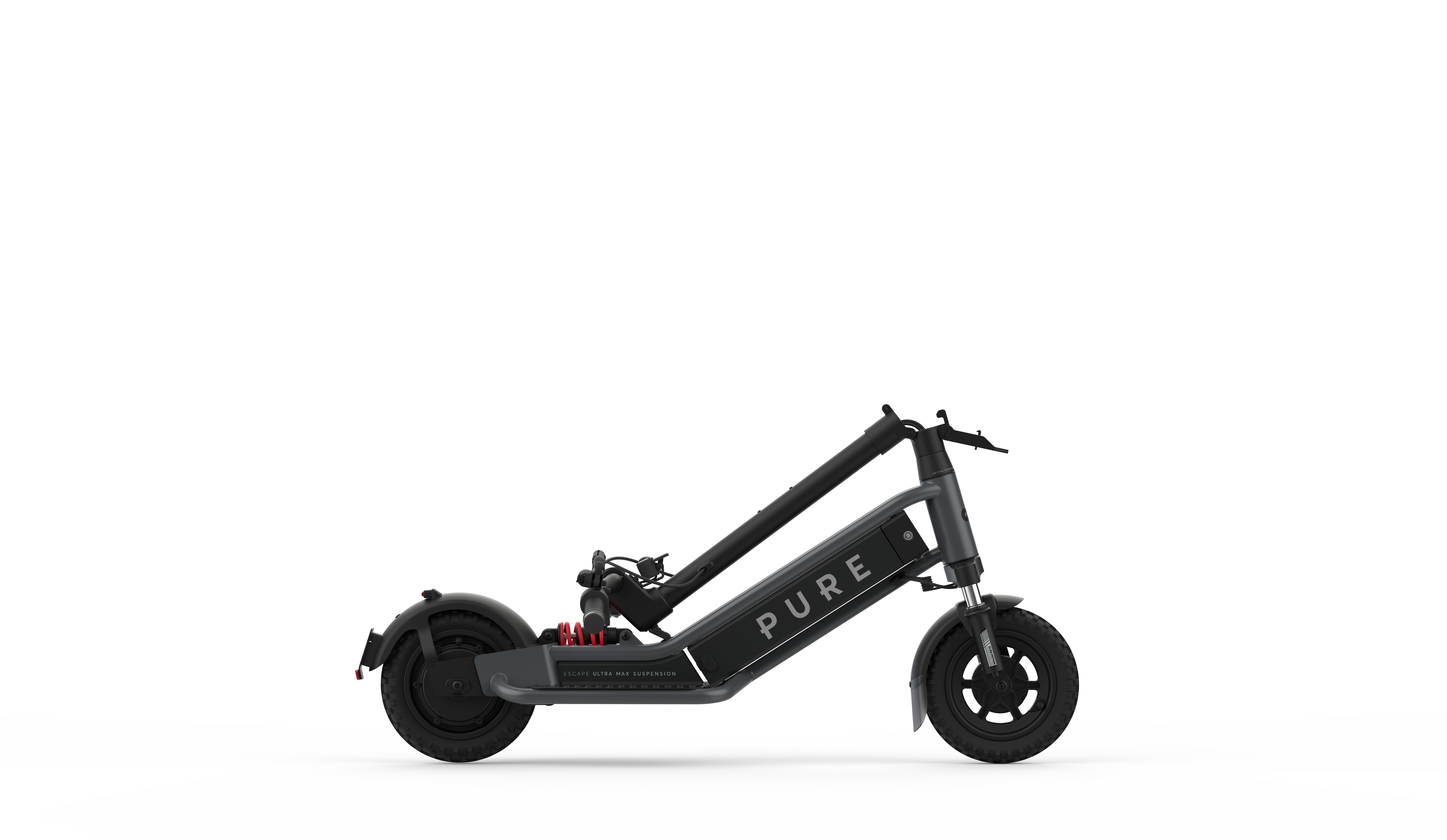 Ein graues E-Scooter mit schwarzen Rädern und dem Schriftzug PURE.