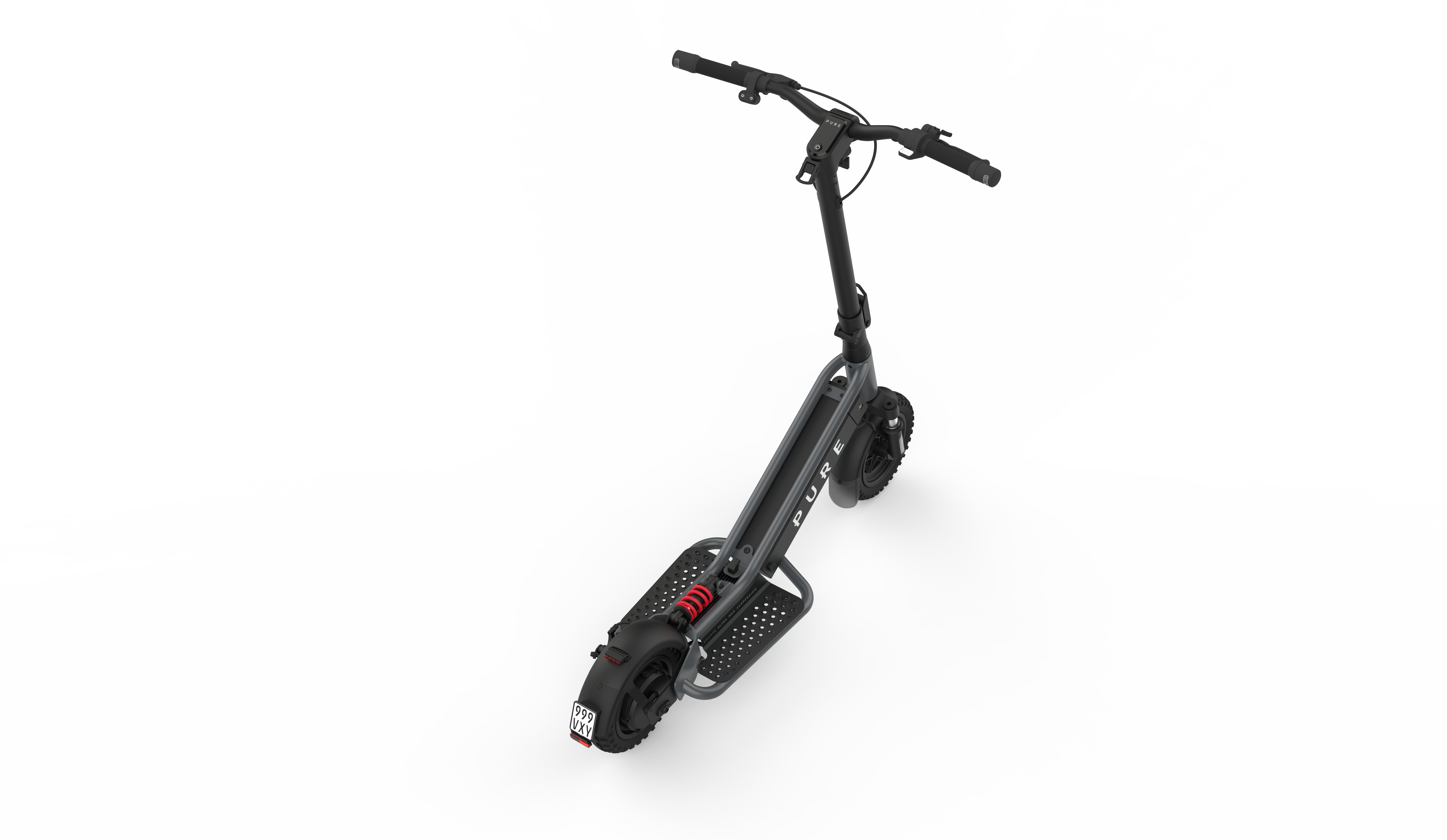 Ein grauer E-Scooter mit schwarzen Griffen und einem digitalen Display.