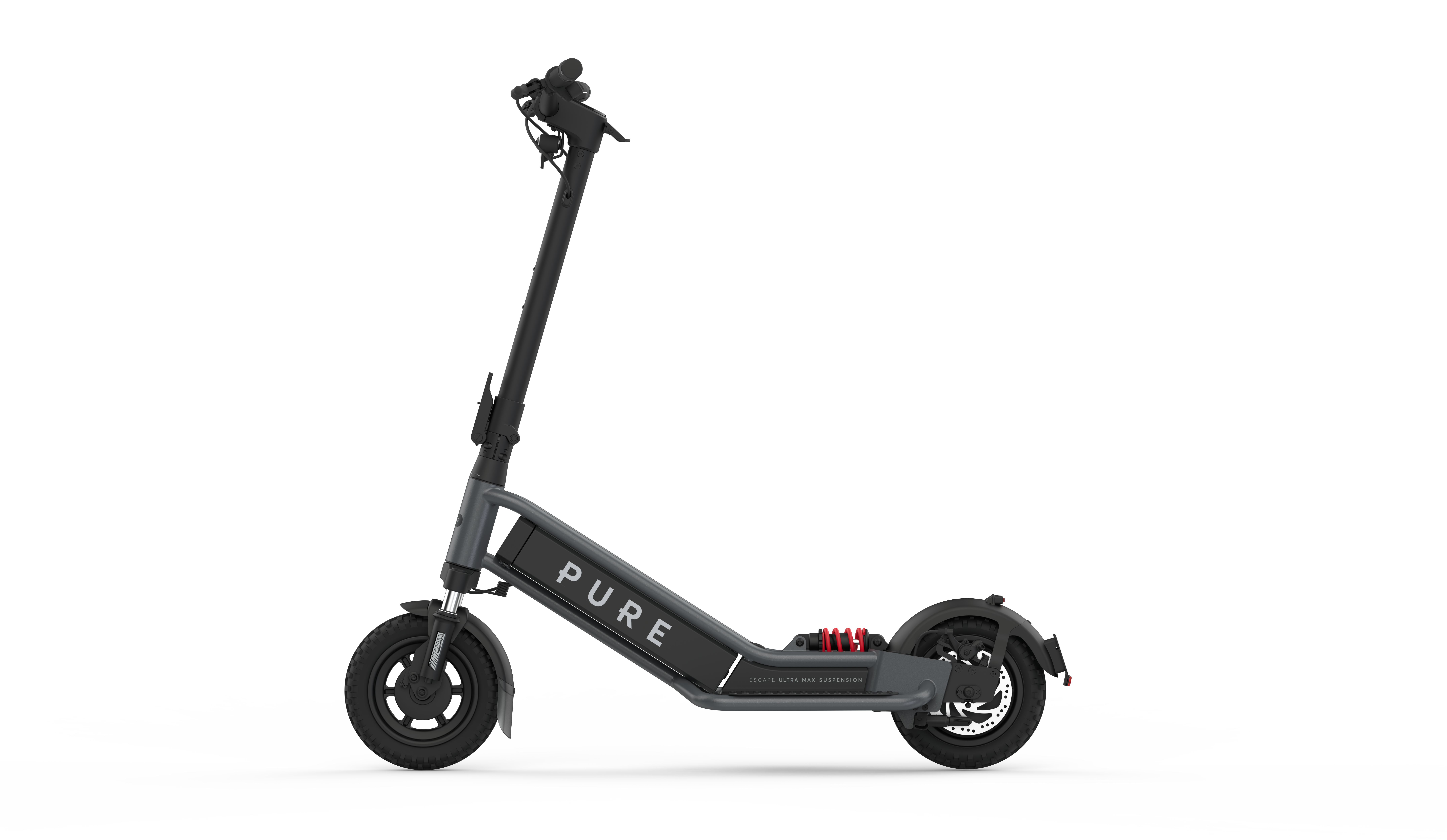 Ein schwarzer E-Scooter mit der Aufschrift PURE und Stoßdämpfern.