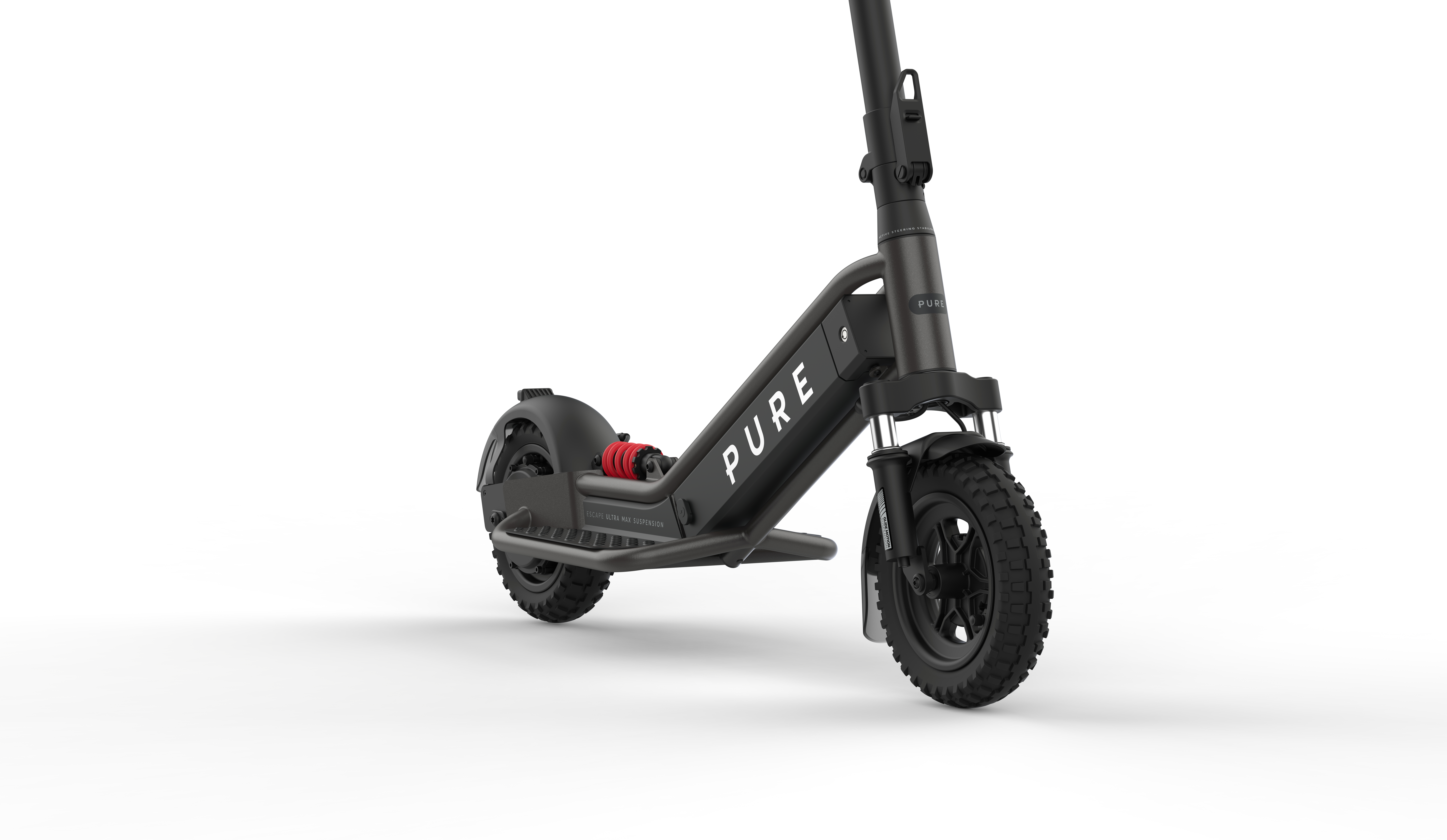 Ein schwarzer E-Scooter mit roten Stoßdämpfern und grobstolligen Reifen.
