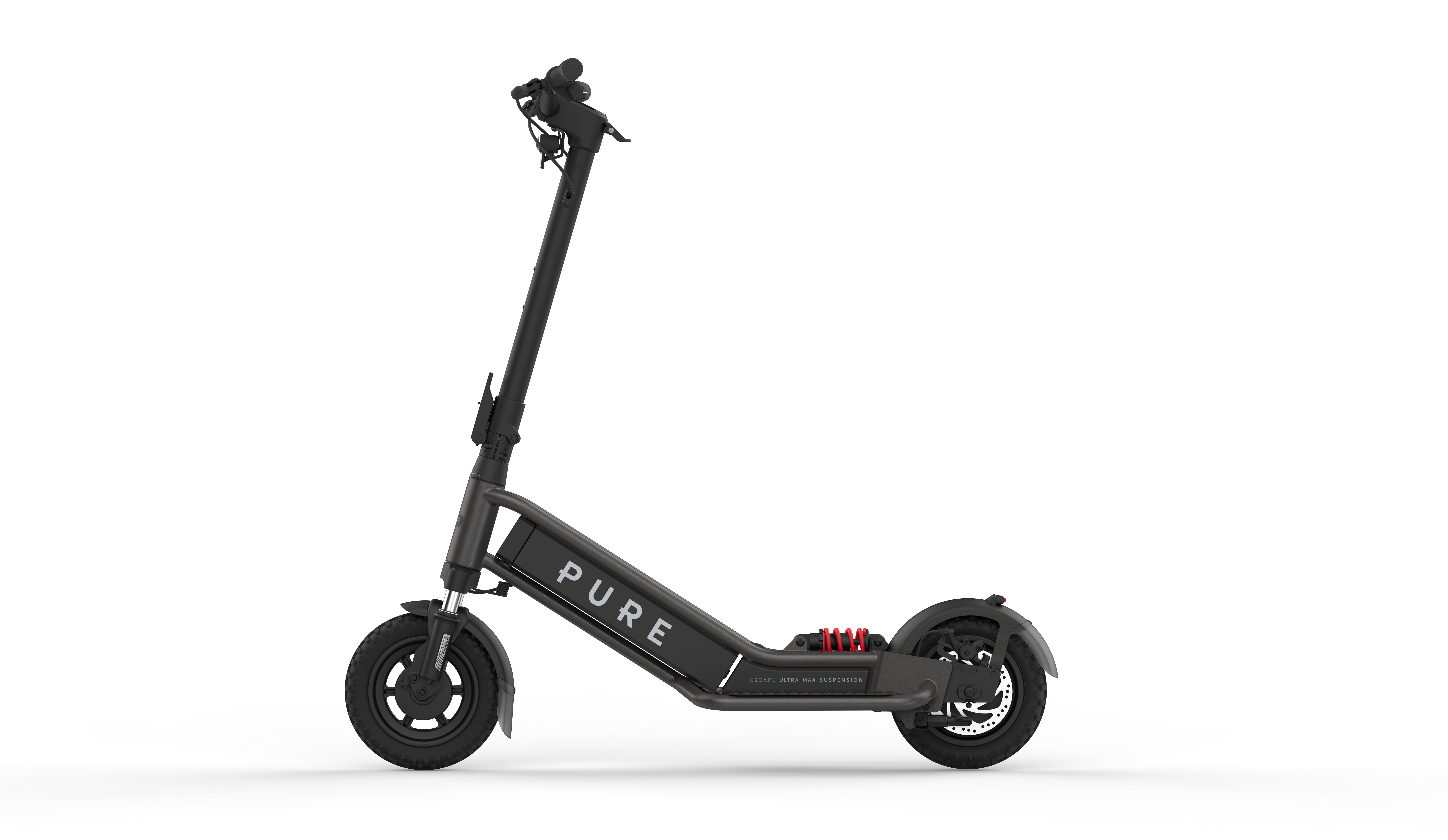 Ein schwarzer E-Scooter mit dem Schriftzug PURE auf dem Rahmen.