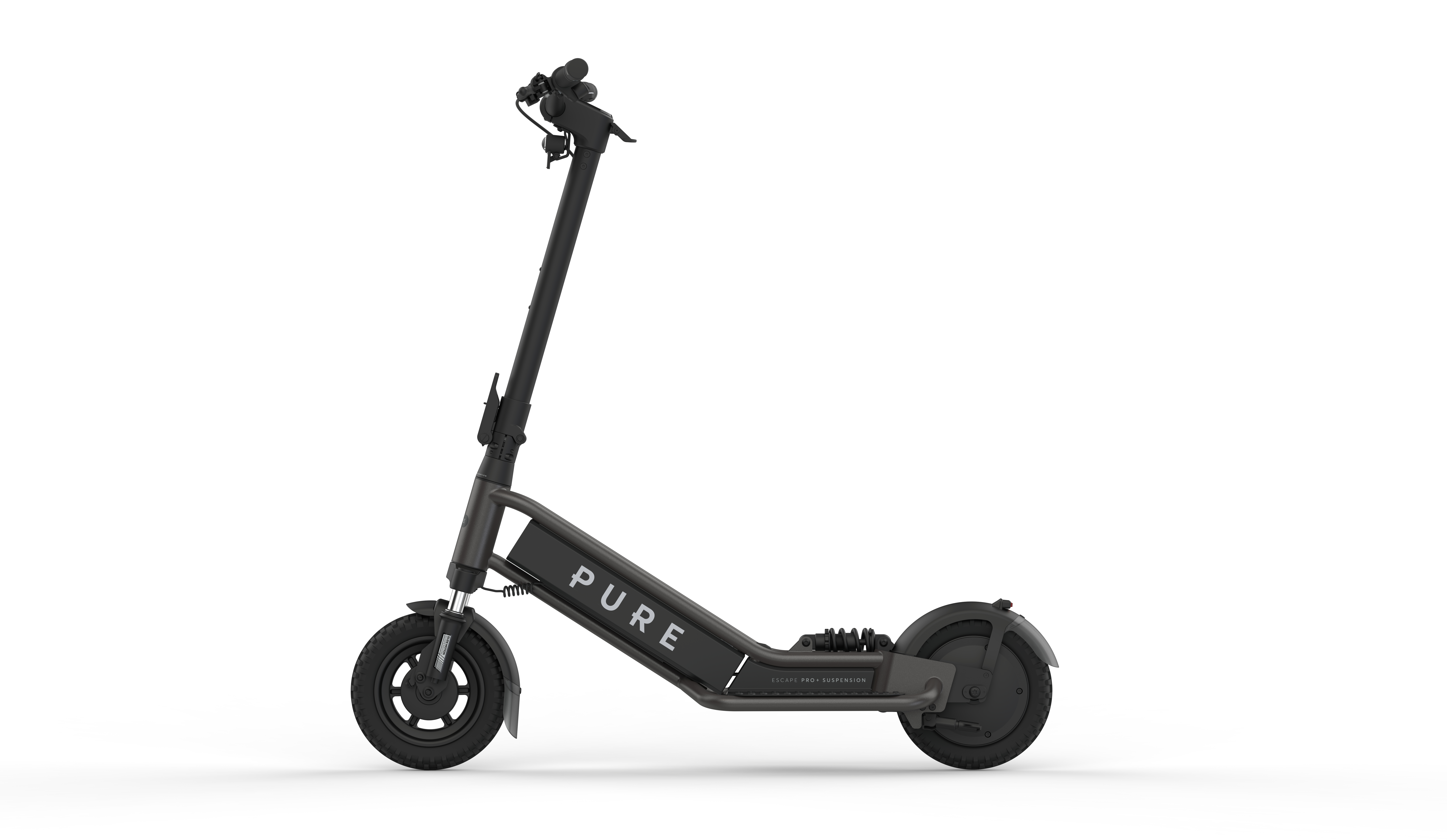 Ein schwarzer E-Scooter mit dem Logo 'PURE' auf dem Rahmen.