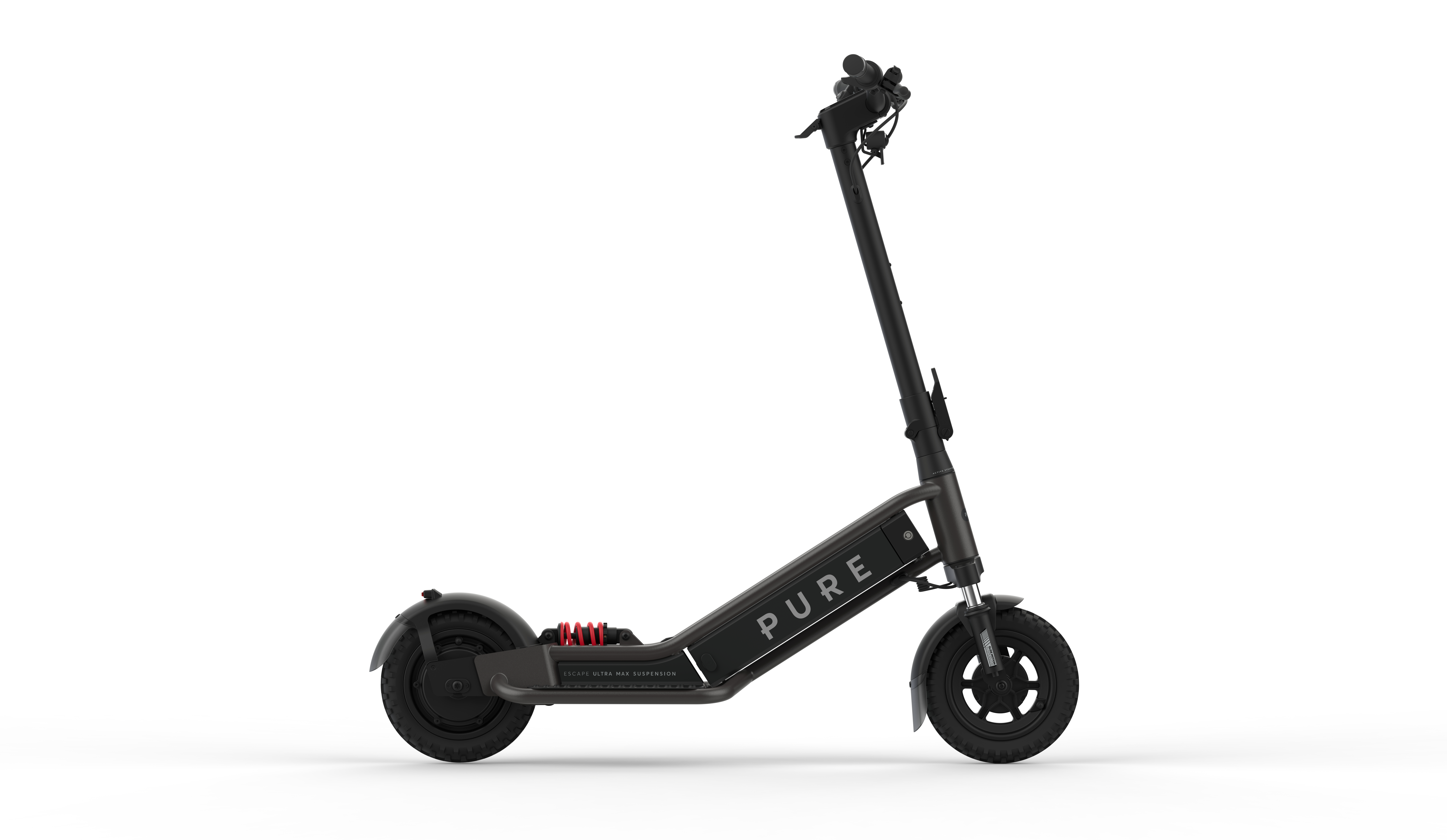Ein schwarzer E-Scooter mit Federung und dem Aufdruck PURE.