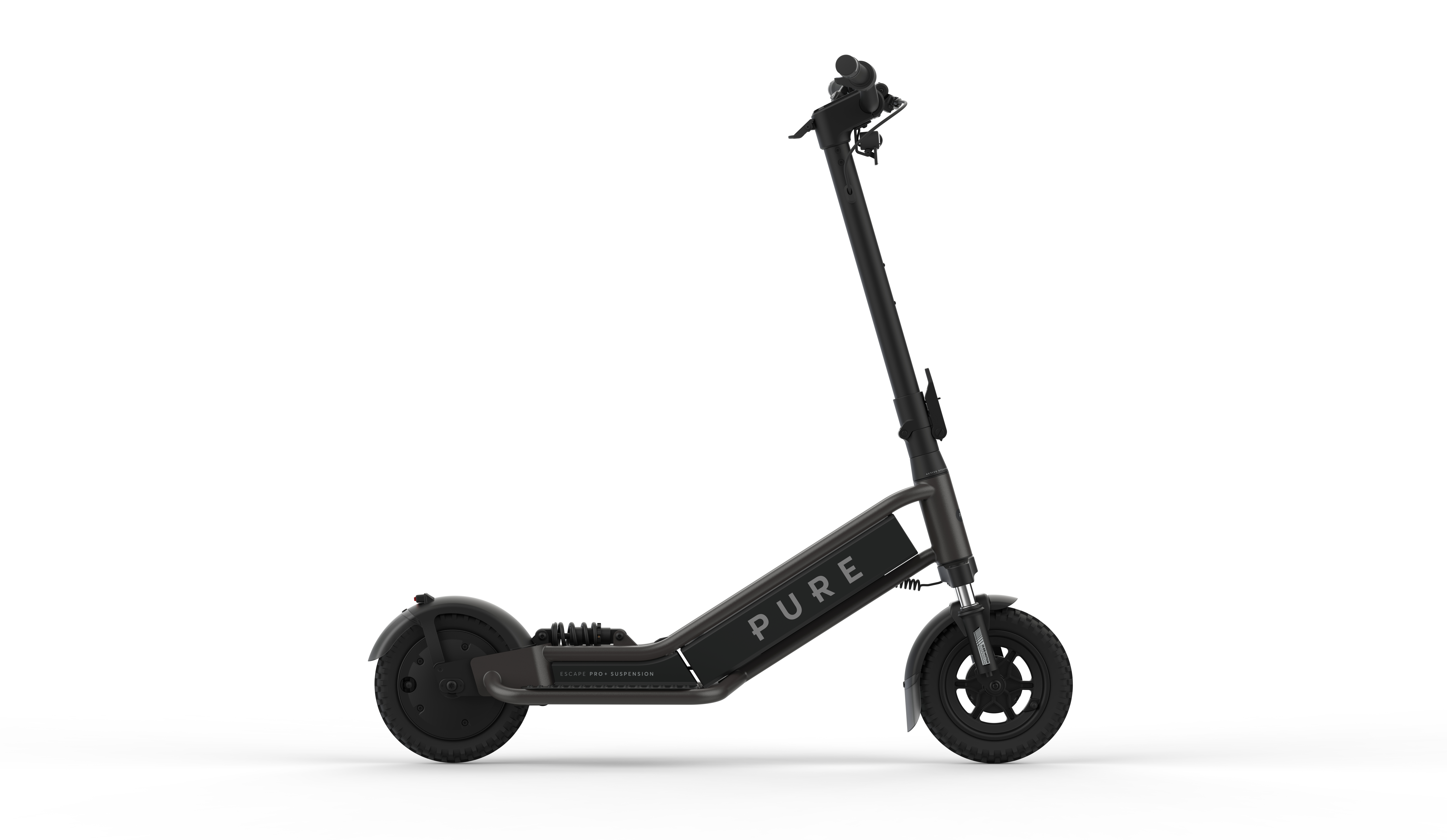 Ein schwarzer Elektroscooter mit Federung und dem Schriftzug PURE.