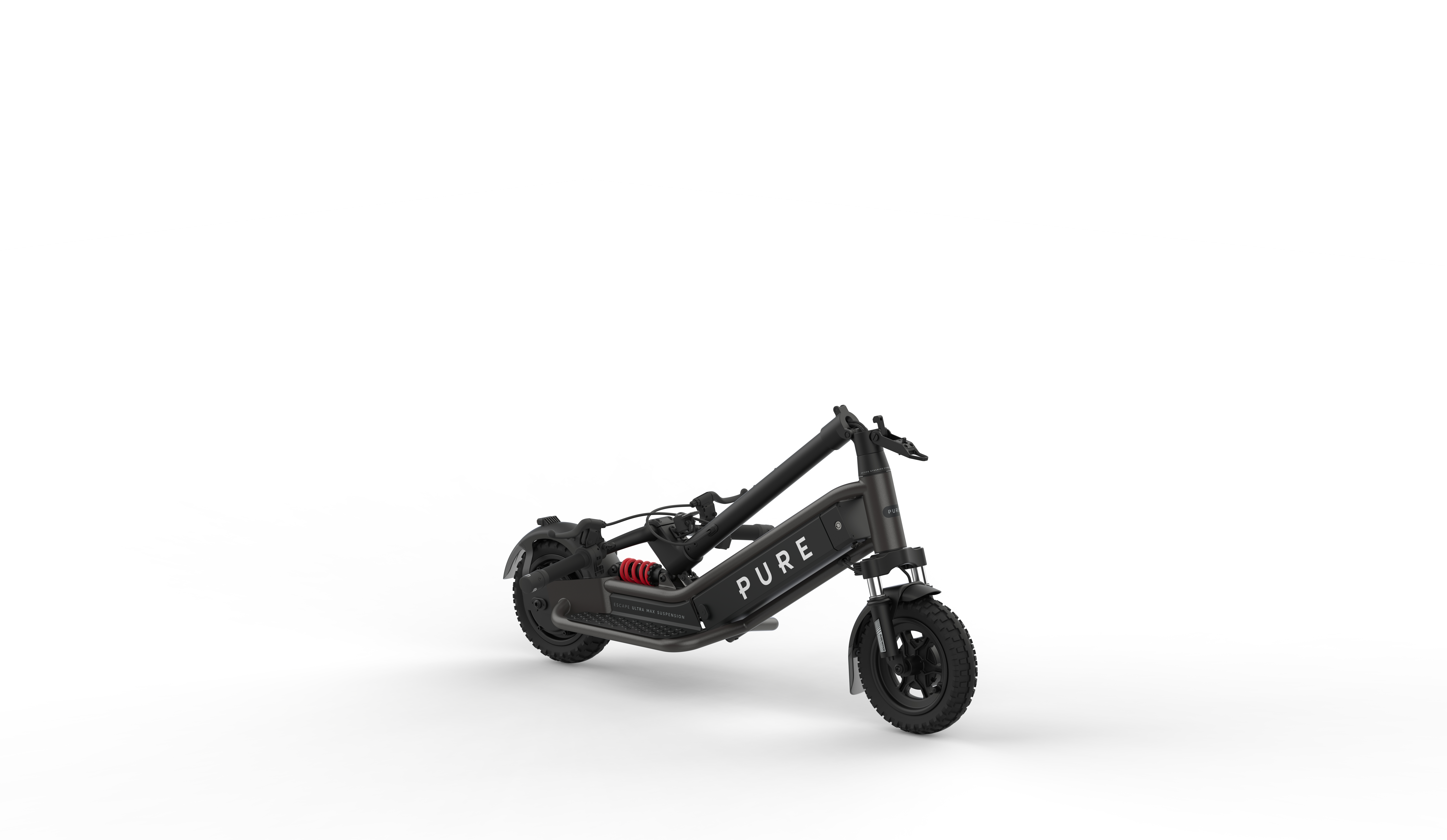 Schwarzer E-Scooter mit roter Federung und "PURE"-Logo auf weißem Hintergrund.