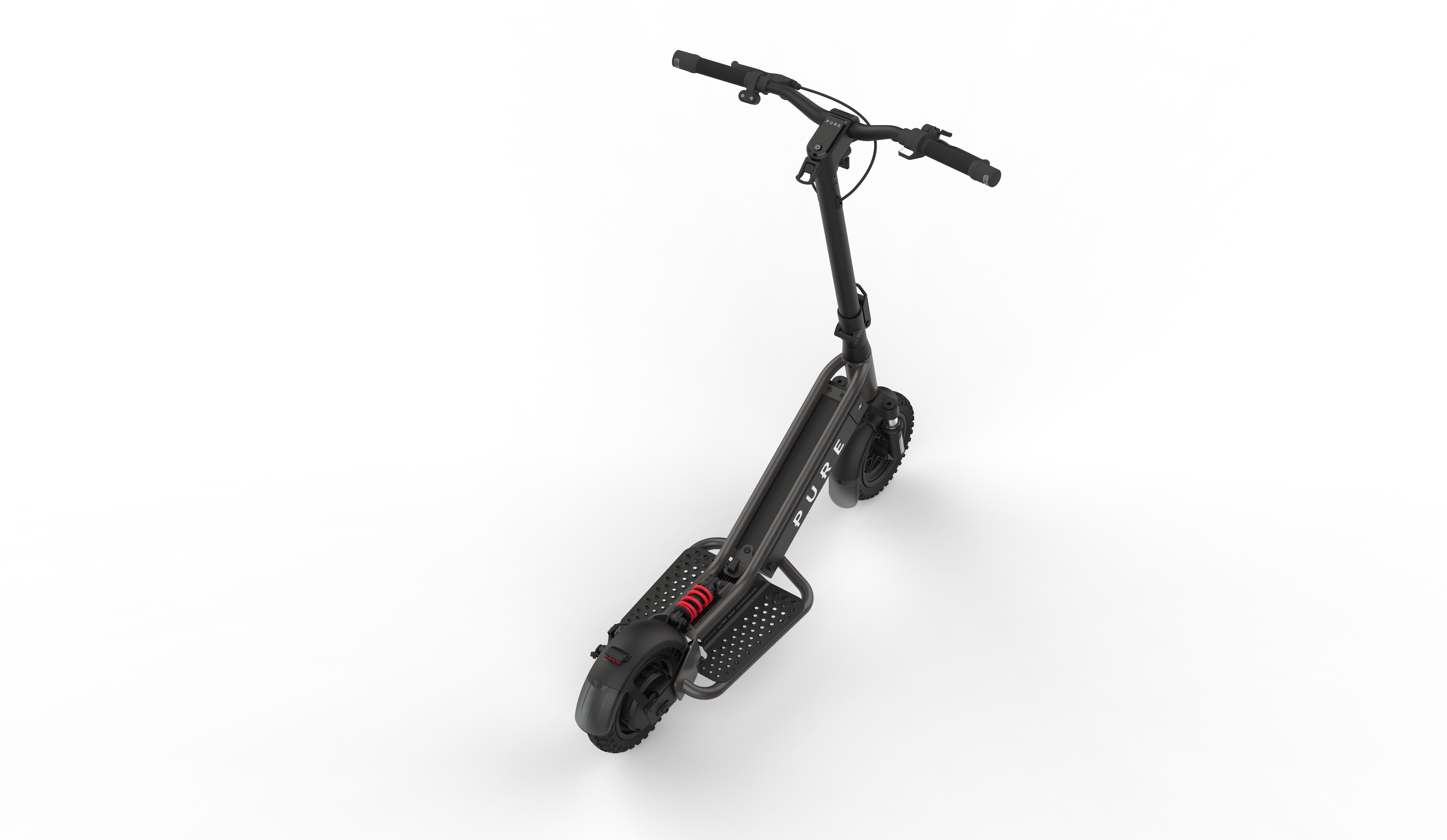 Ein dunkler E-Scooter mit Federung und Griffen, auf weißem Hintergrund.