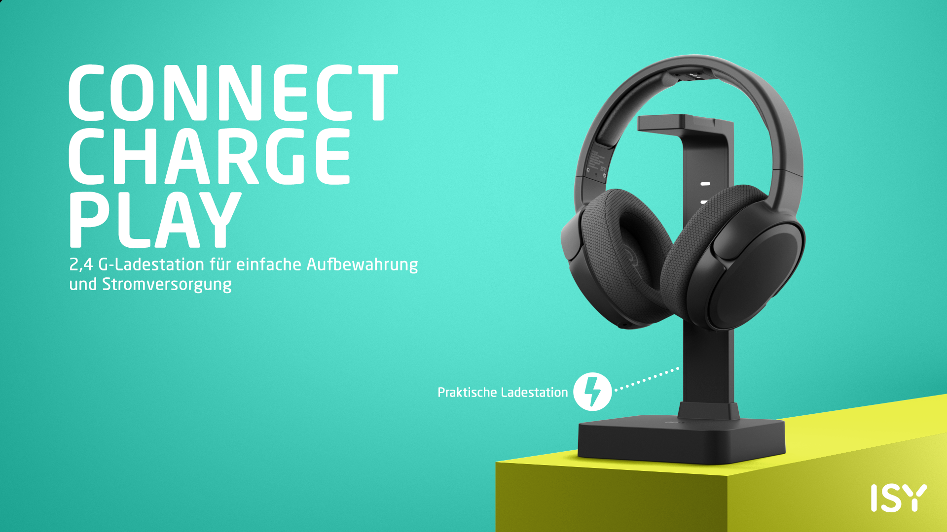 Schwarze Kopfhörer auf einer Ladestation, Text 'CONNECT CHARGE PLAY'.