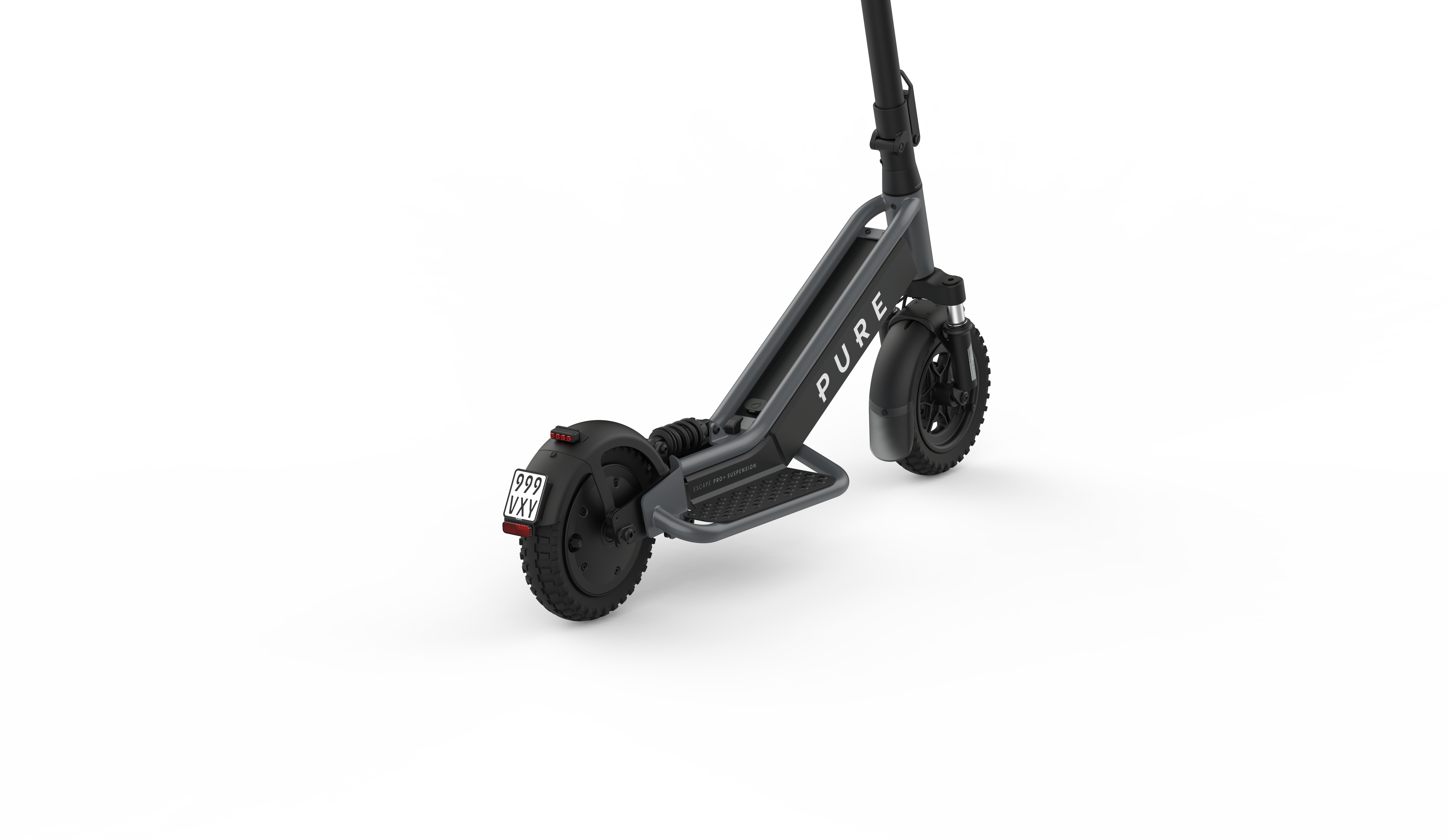Grauer E-Scooter mit Federung, 'PURE' Logo, Kennzeichen '999 VXY'.