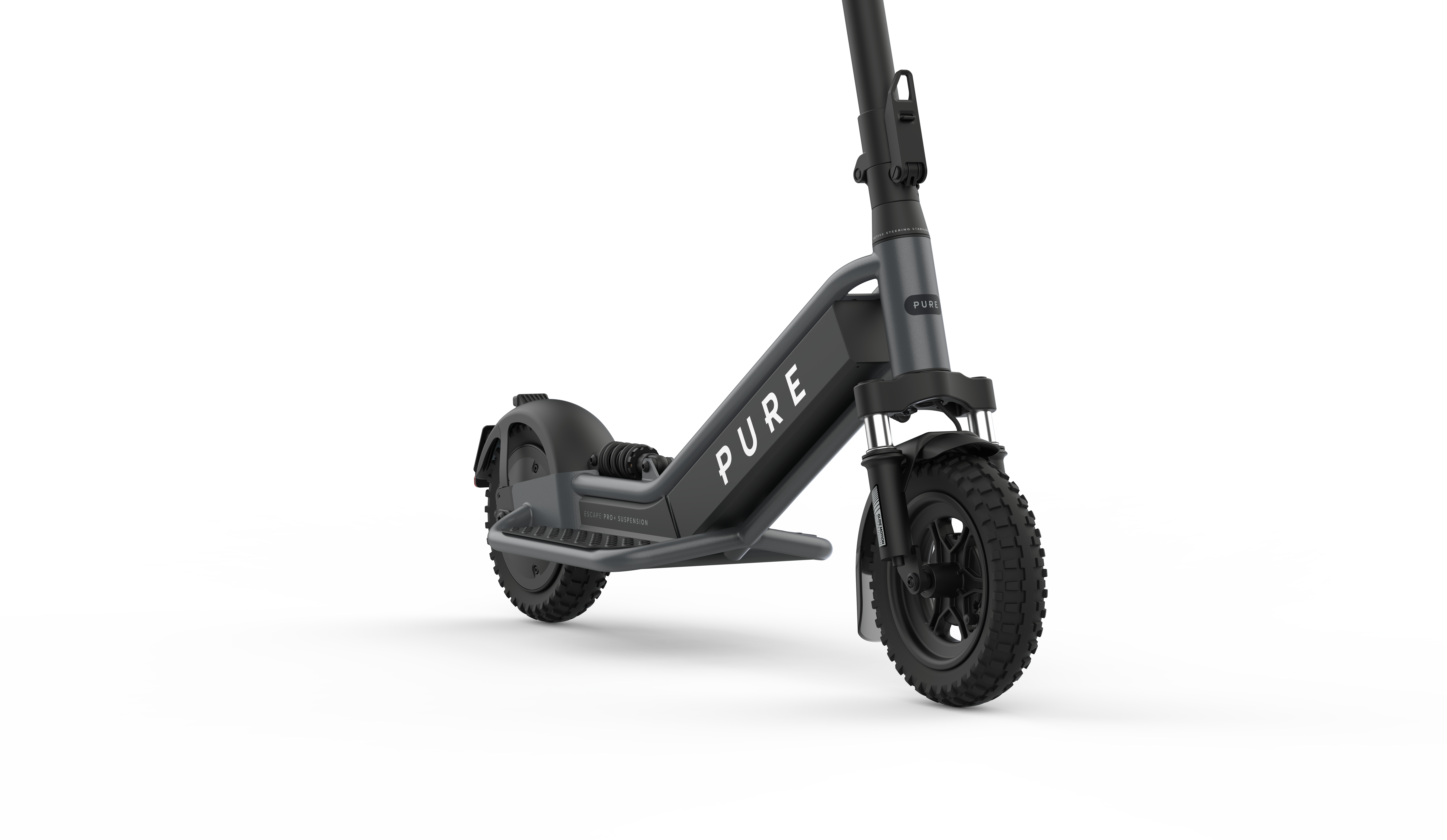 Ein grauer E-Scooter mit der Aufschrift PURE und grobstolligen Reifen.