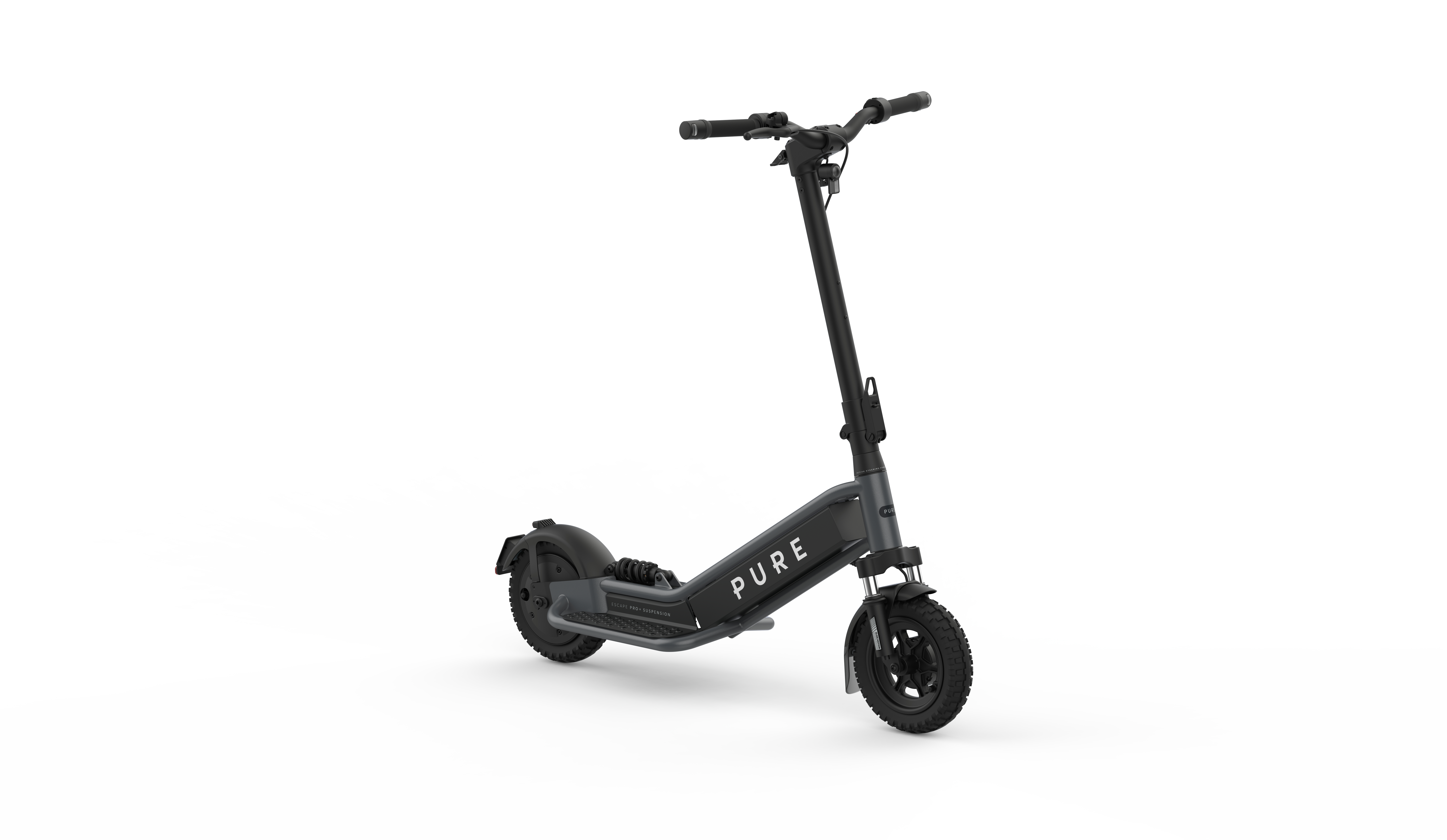 Schwarzer Elektroscooter mit Federung und dem Schriftzug PURE.