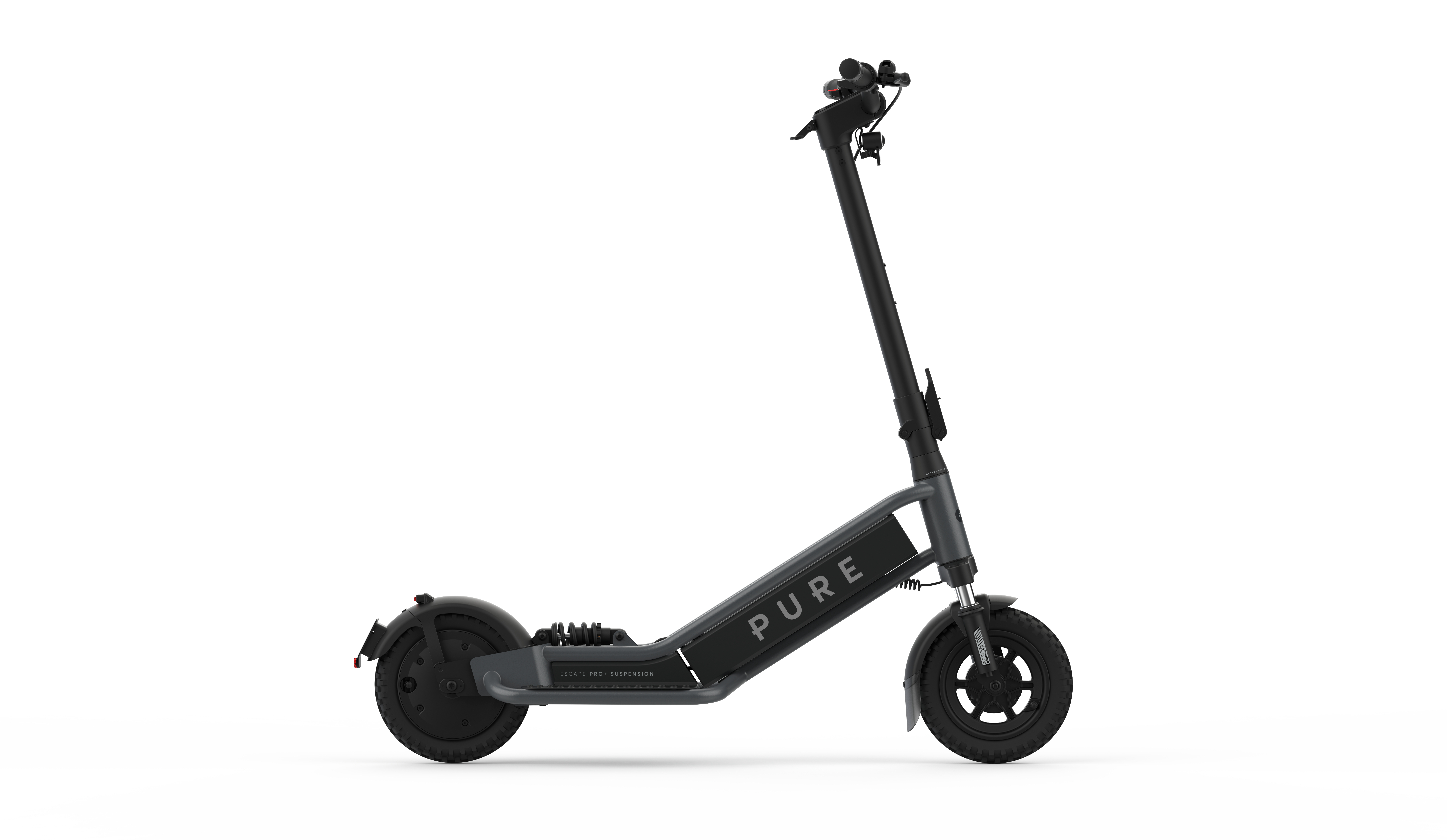 Ein schwarzer E-Scooter mit der Aufschrift „PURE“ auf dem Rahmen und Federung.