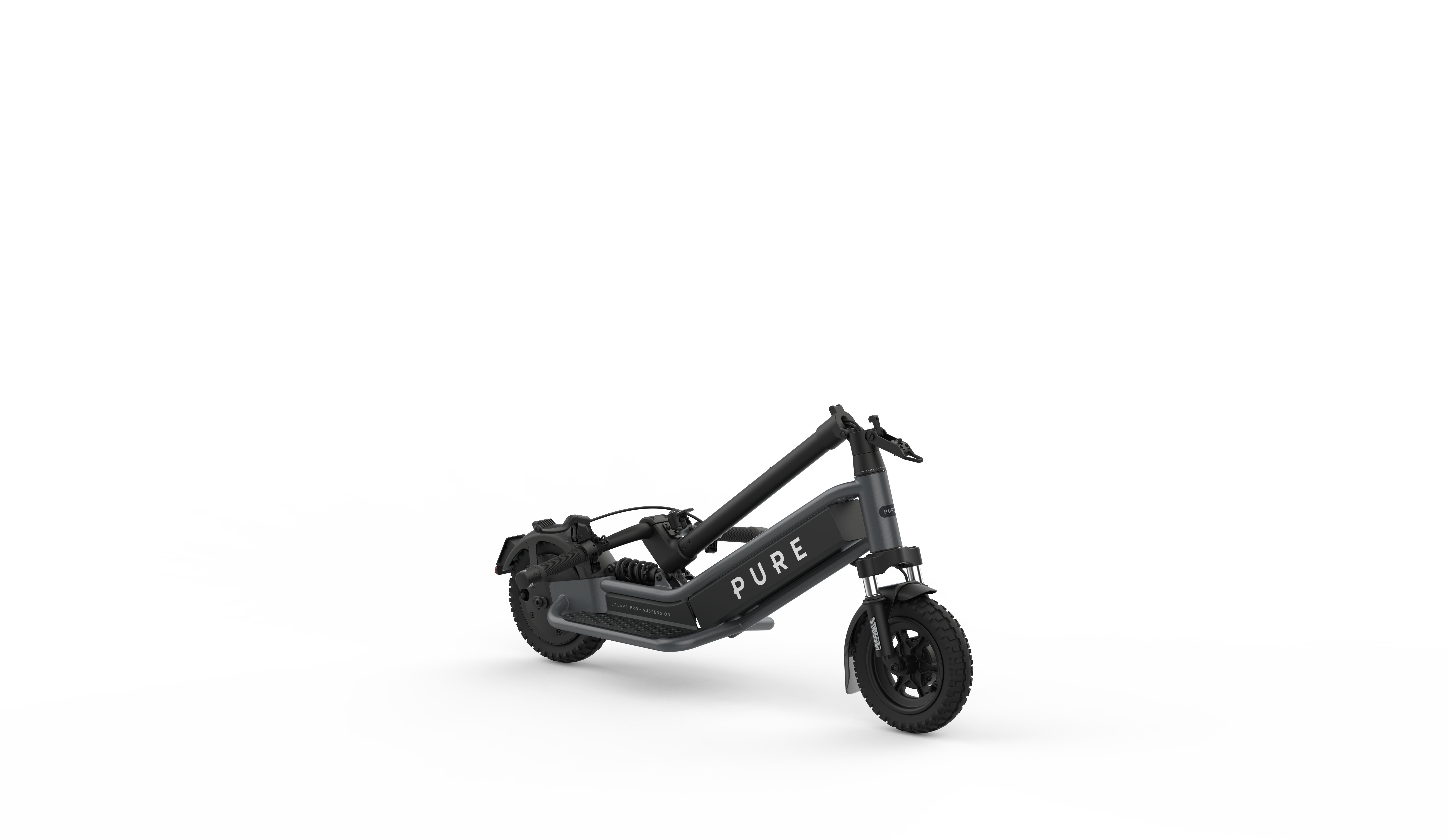 Ein grauer E-Scooter mit der Aufschrift PURE, auf weißem Hintergrund.