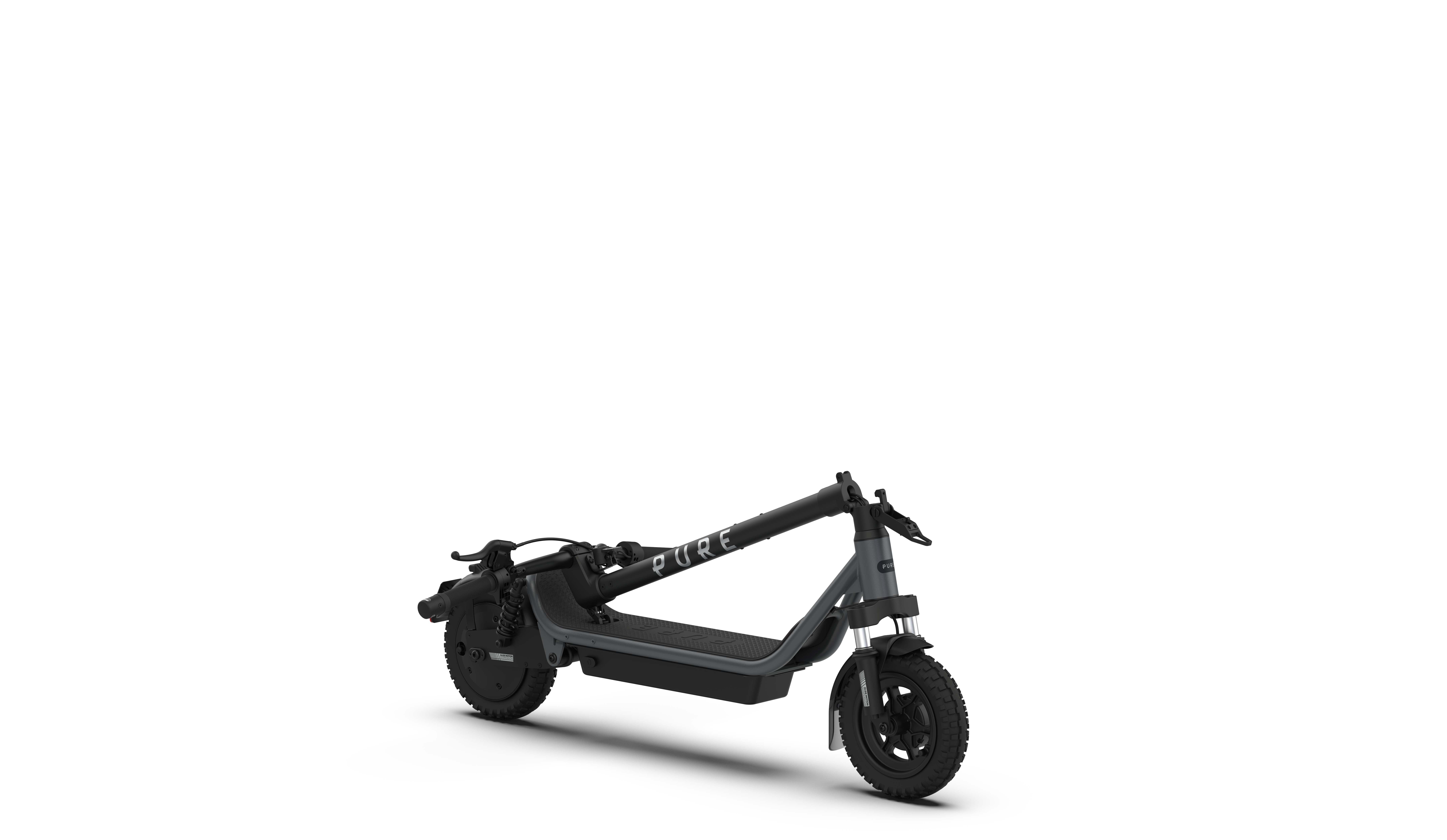 Ein grauer E-Scooter mit schwarzen Rädern und dem Schriftzug "PURE" auf dem Lenker.