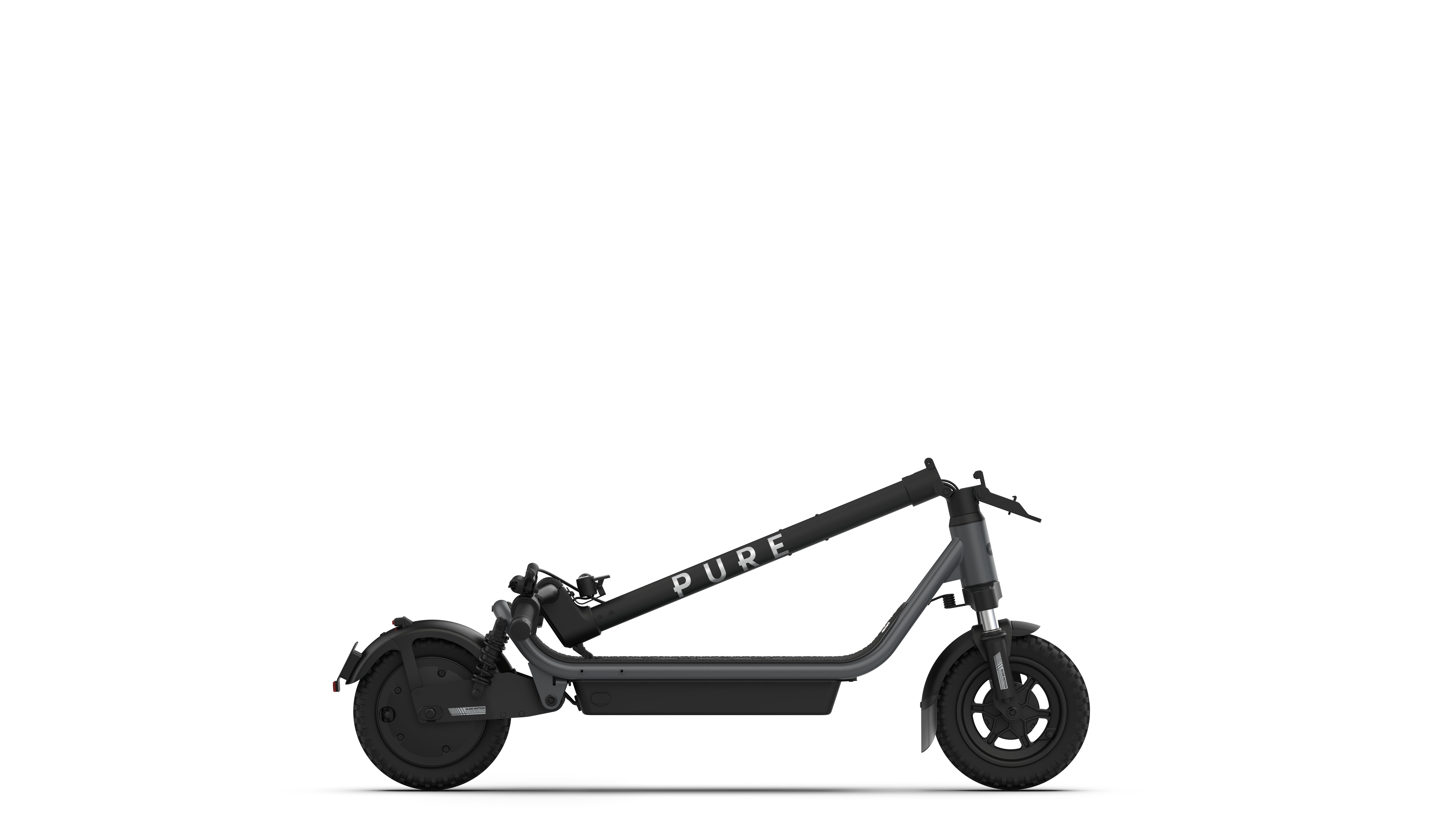 Ein graues, zusammenklappbares E-Scooter mit dem Schriftzug PURE auf dem Lenker.
