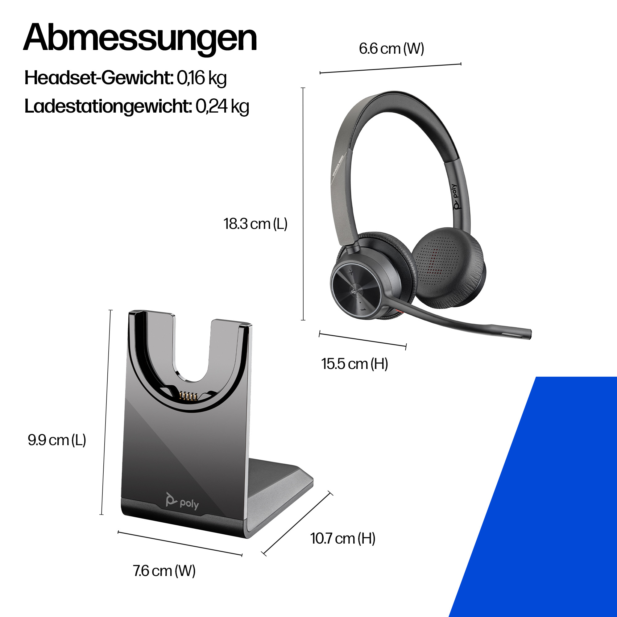 Schwarzer Poly Voyager 4220 Headset & Ladestation mit Maßen.