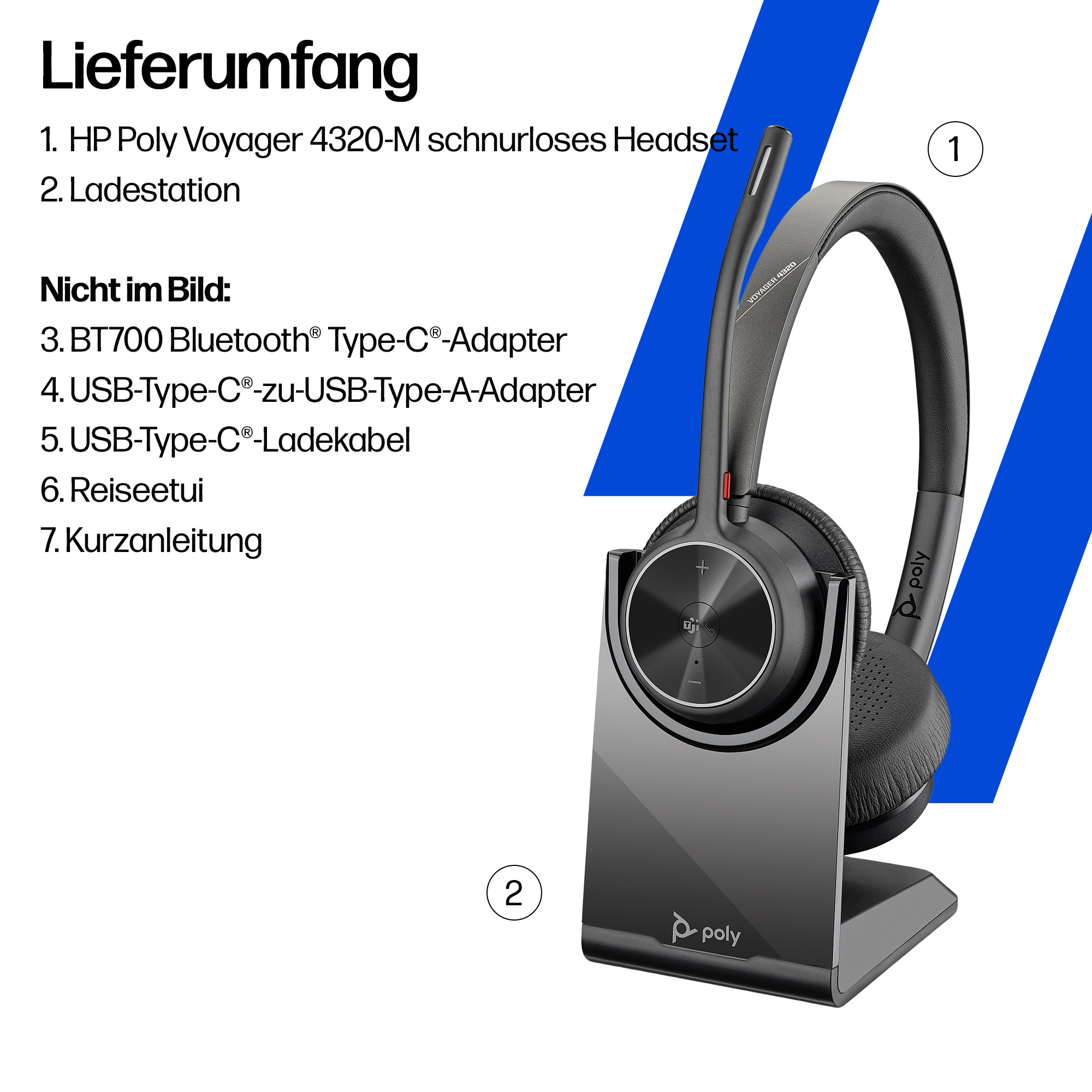 HP Poly Voyager 4320-M Headset auf Ladestation. Text listet Lieferumfang auf.