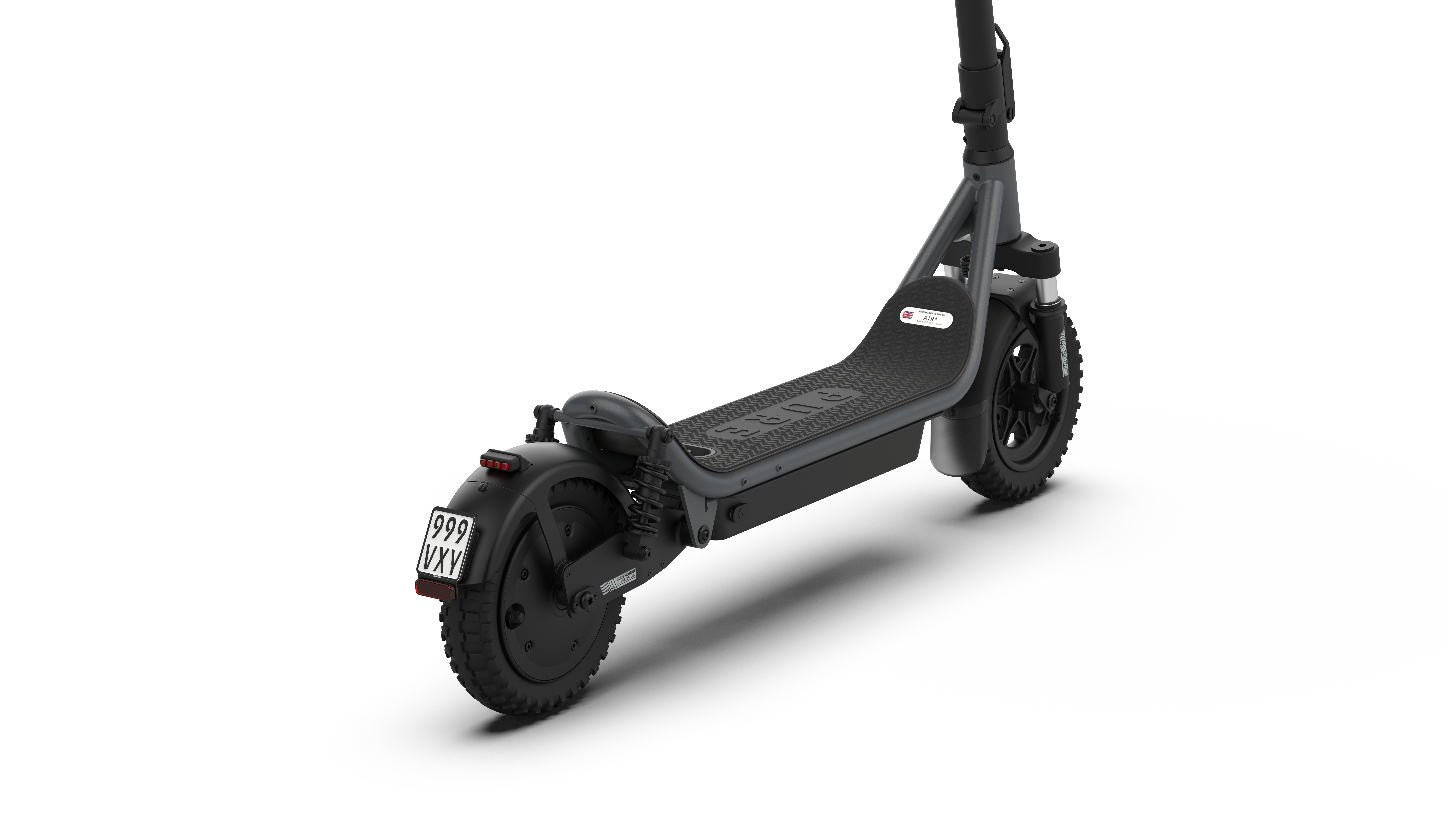 Grauer Elektroroller mit schwarzen Rädern und Kennzeichen.