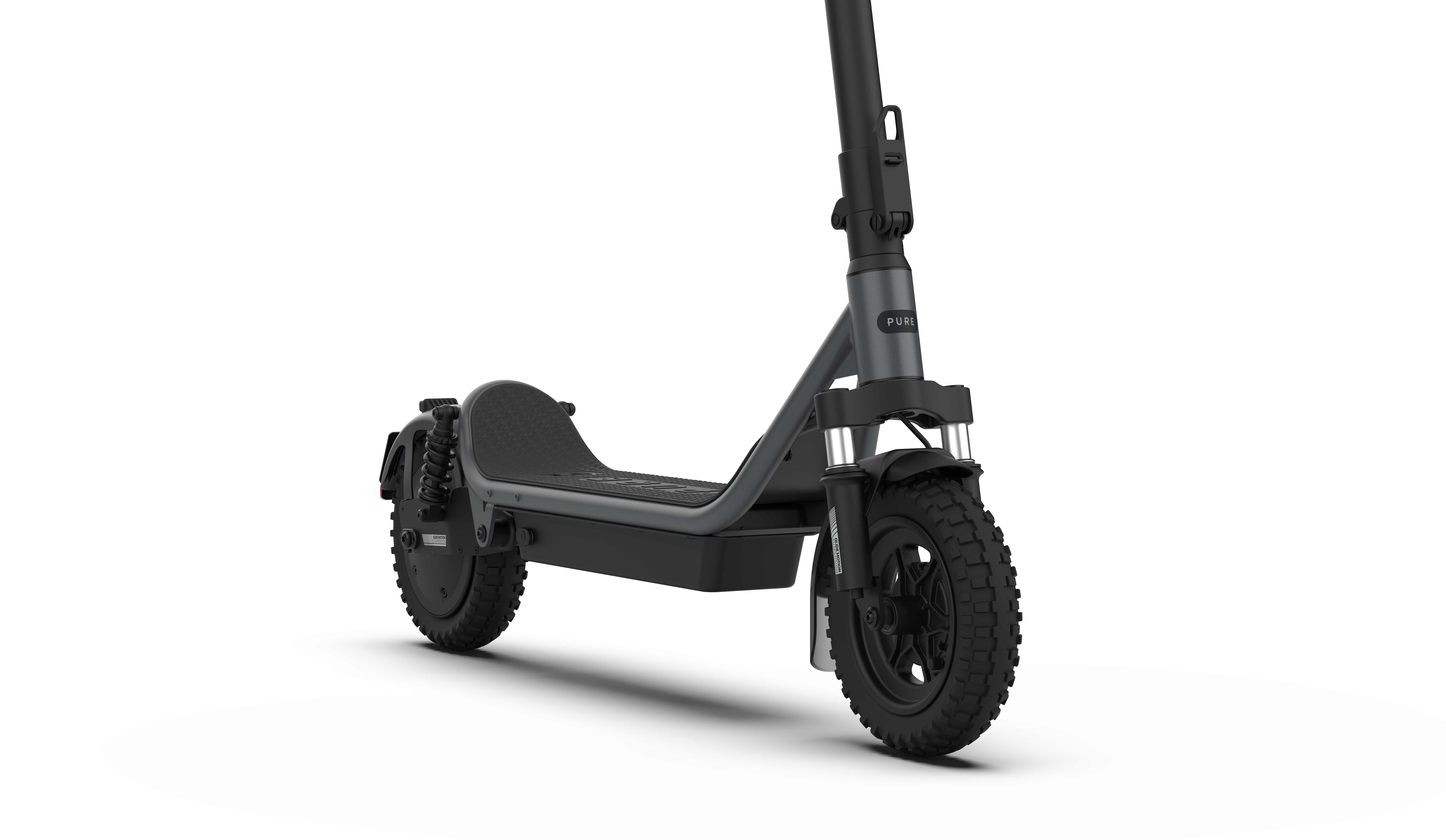 Grauer Elektroroller mit schwarzen Reifen und Federung.