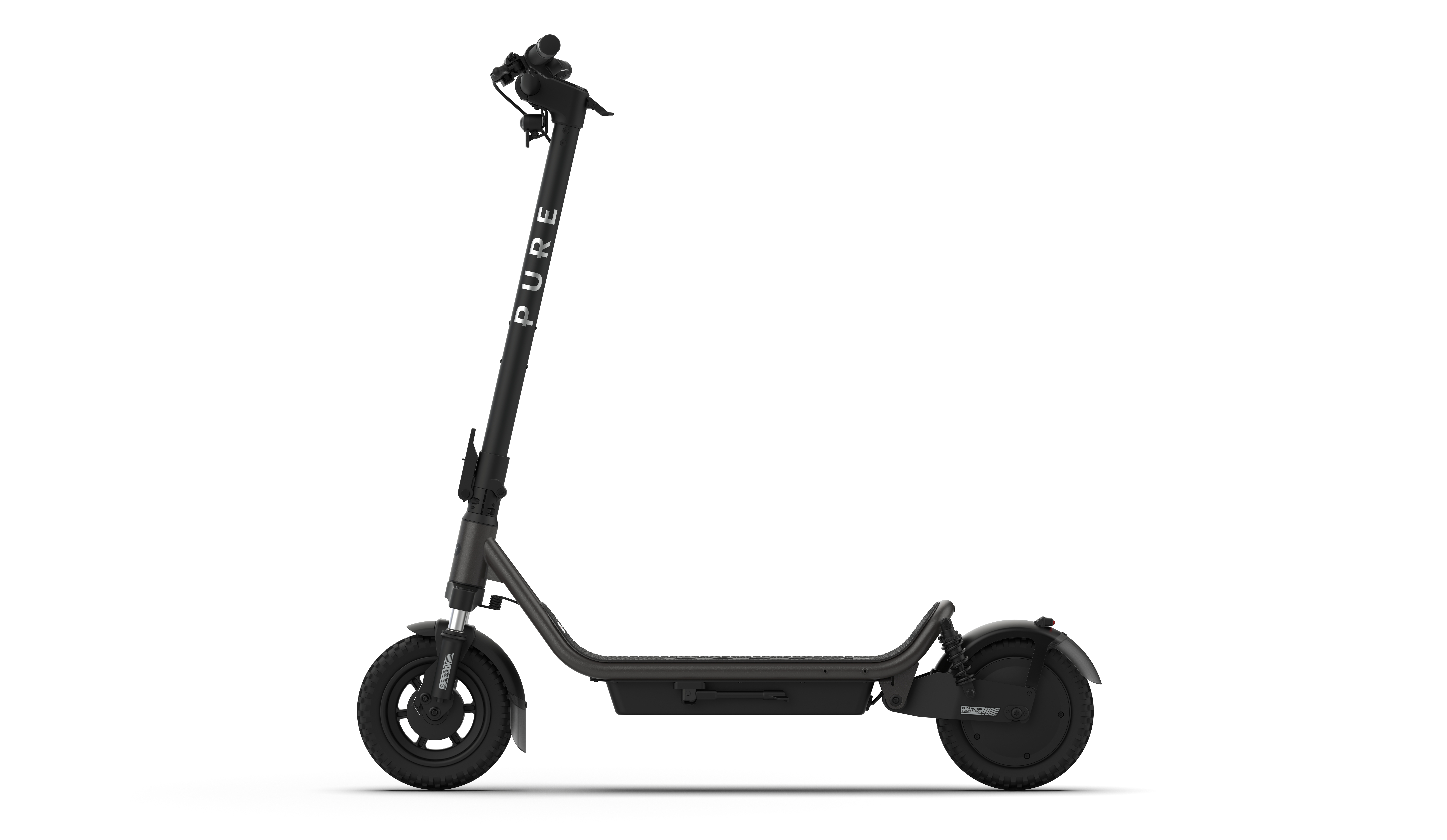 Ein schwarzer E-Scooter mit dem Wort PURE auf dem Lenker.