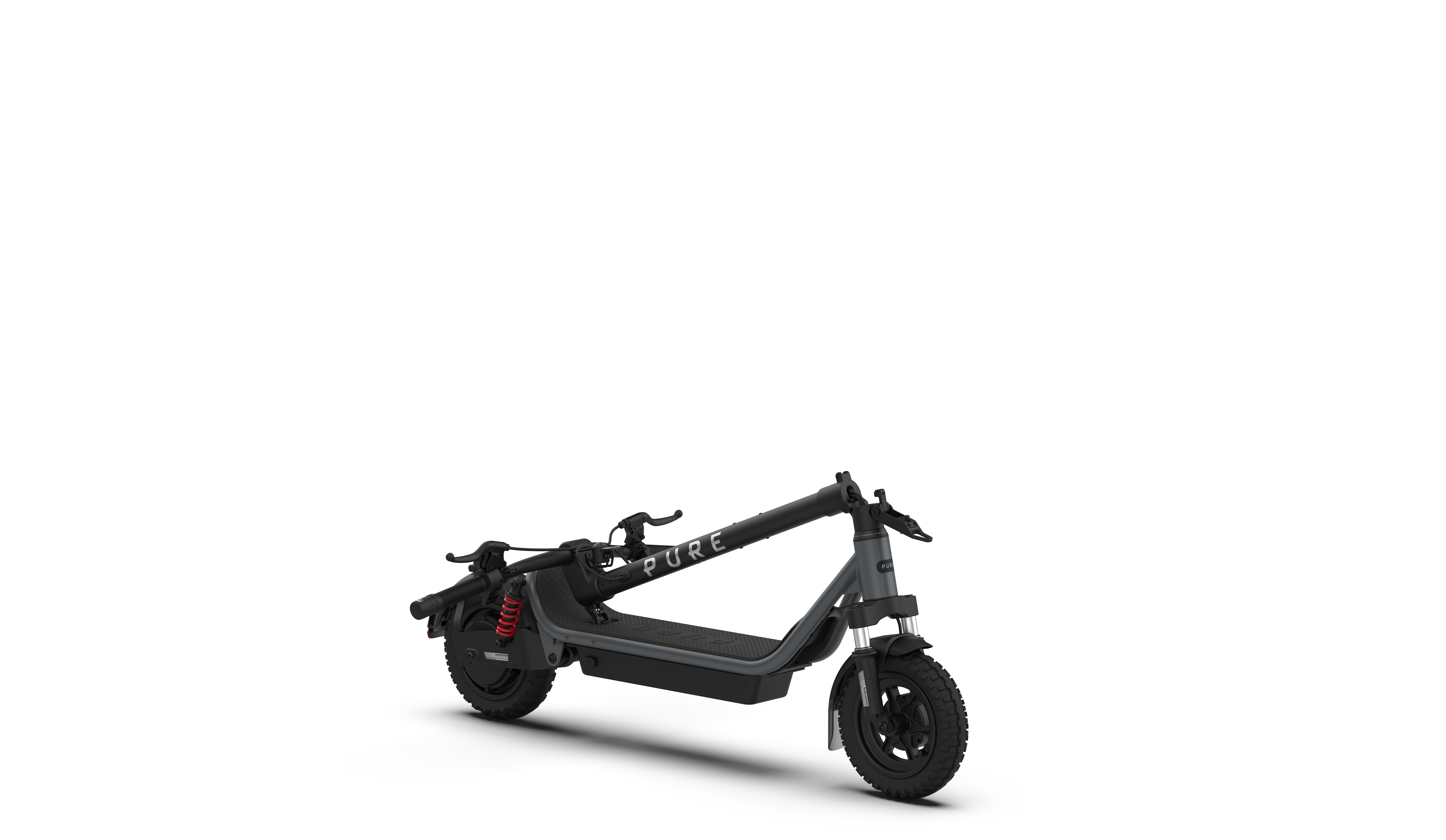 Ein grauer E-Scooter mit schwarzen Rädern und roten Stoßdämpfern.