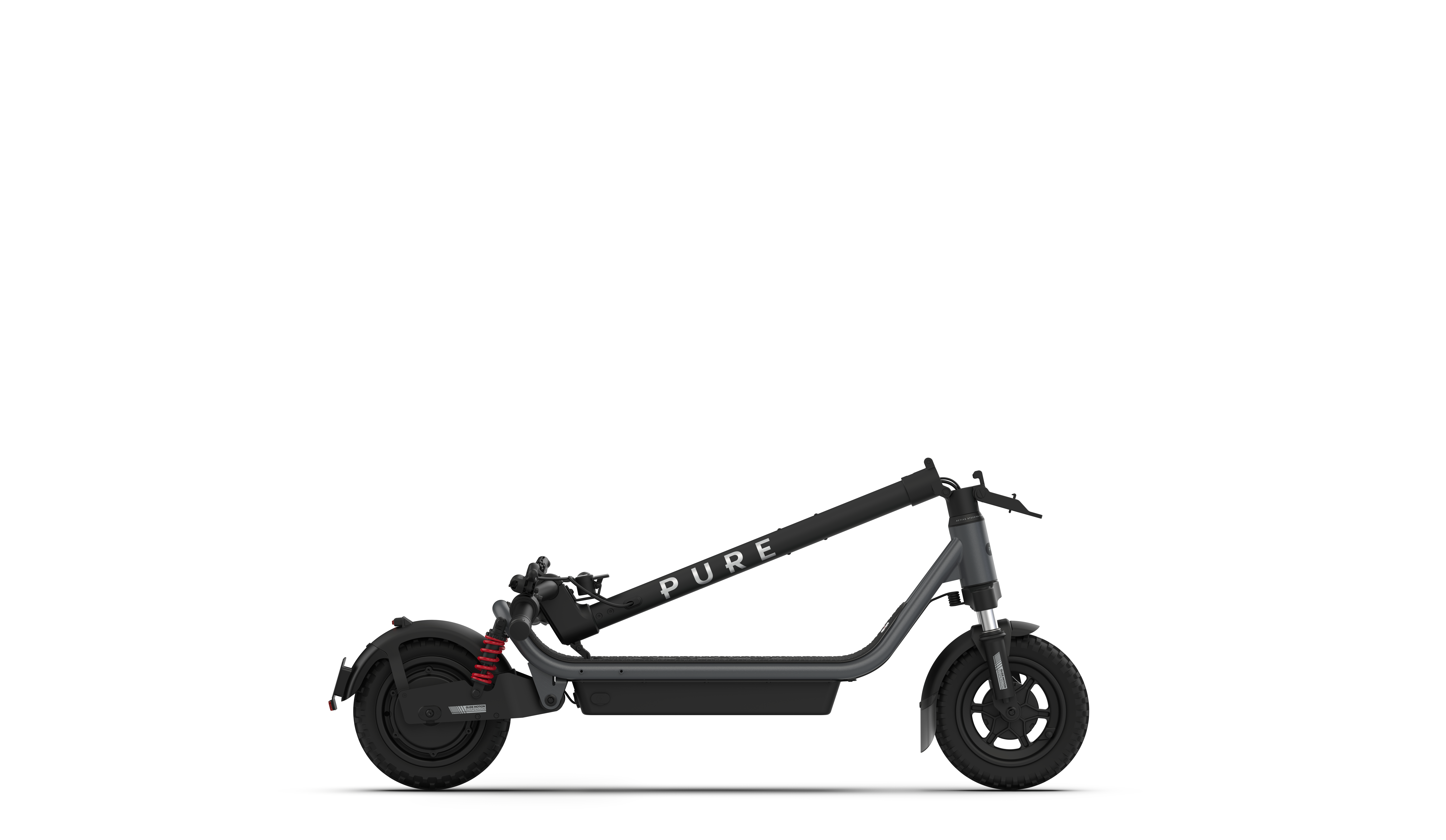 Grauer E-Scooter mit schwarzen Rädern und roter Federung.