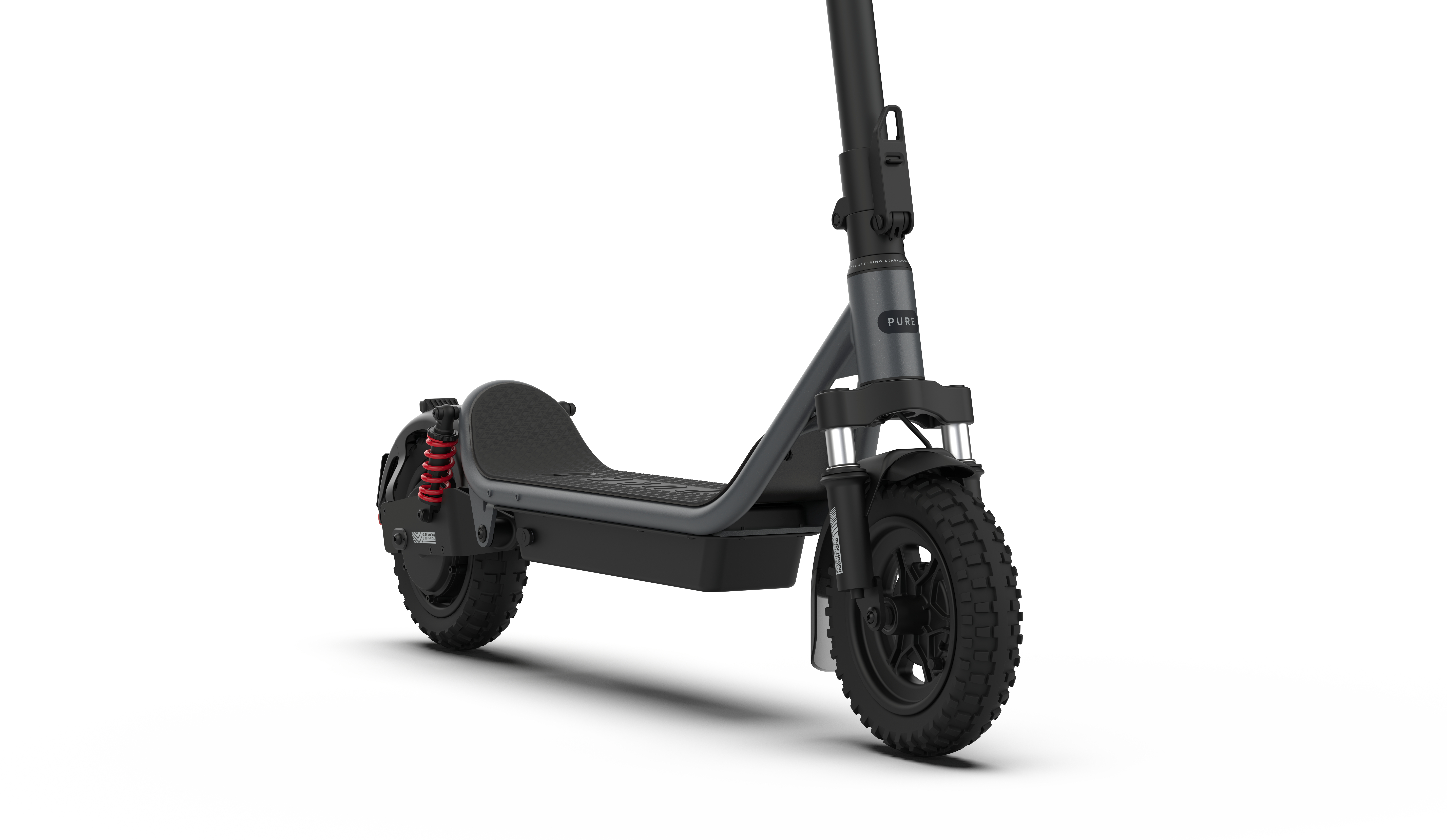 Ein grauer Elektroroller mit schwarzen Rädern und roten Stoßdämpfern.