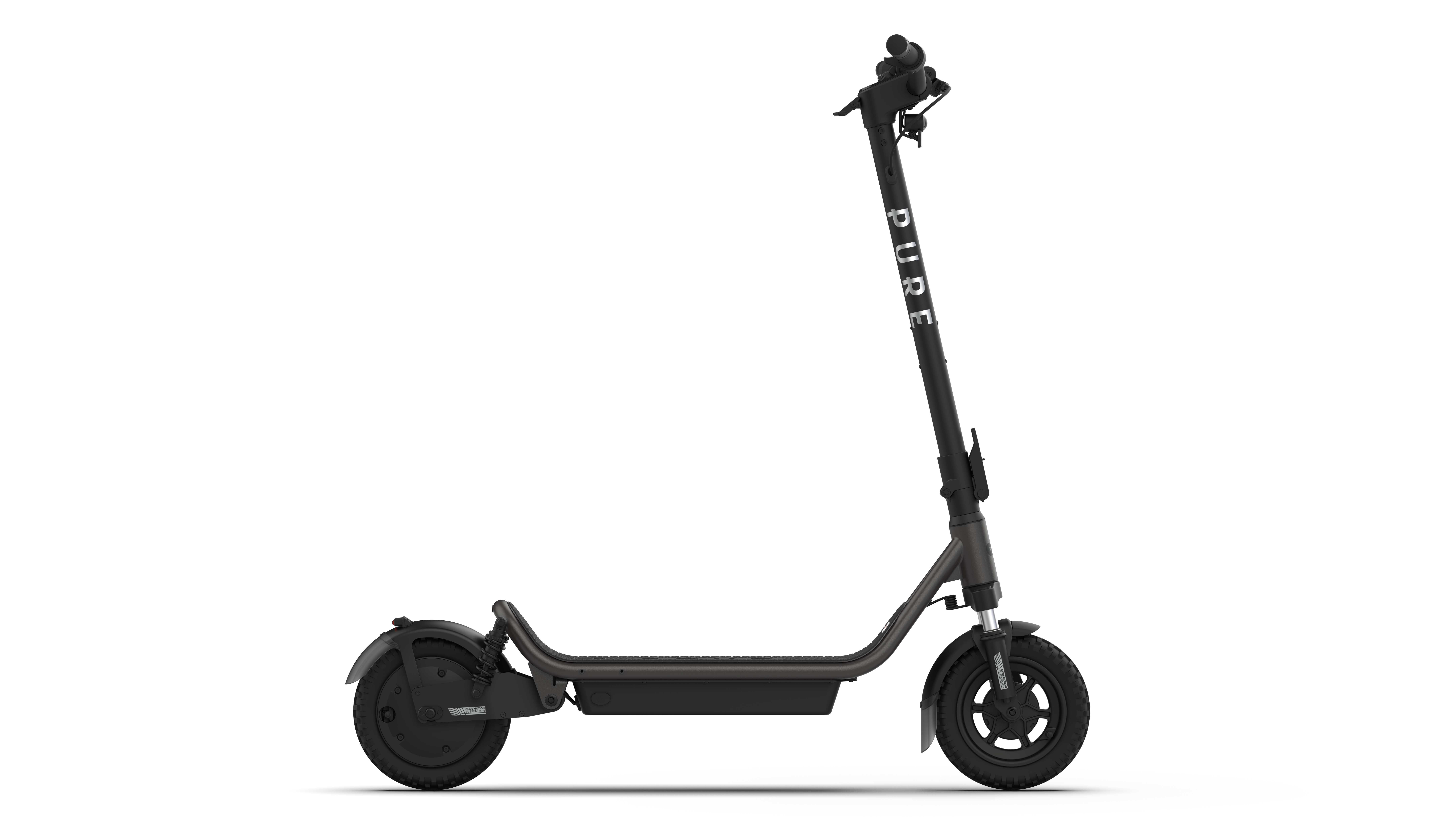 Ein dunkles Elektro-Scooter mit dem Schriftzug PURE.
