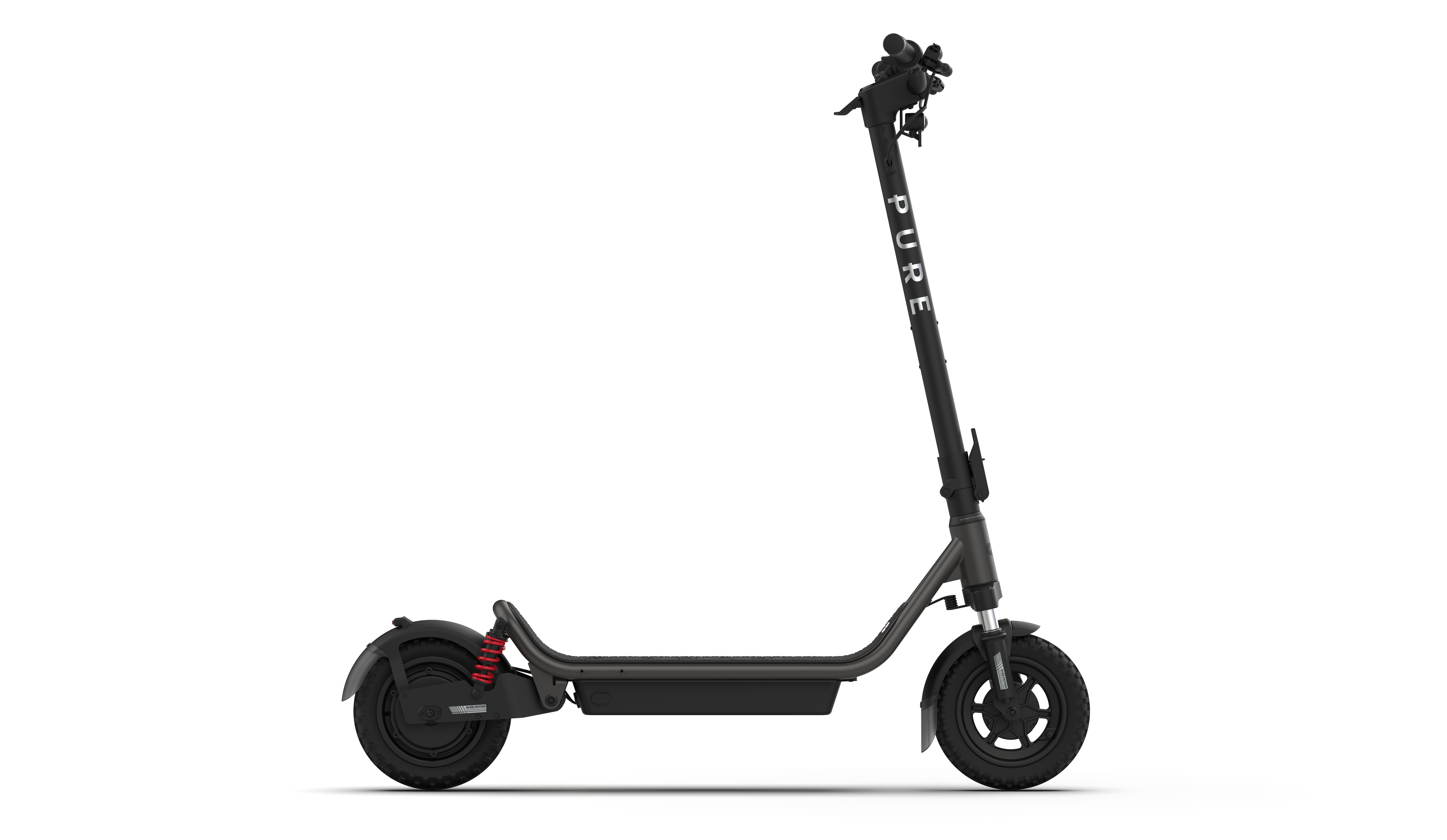 Ein dunkles Elektro-Scooter mit schwarzen Rädern und Federung.