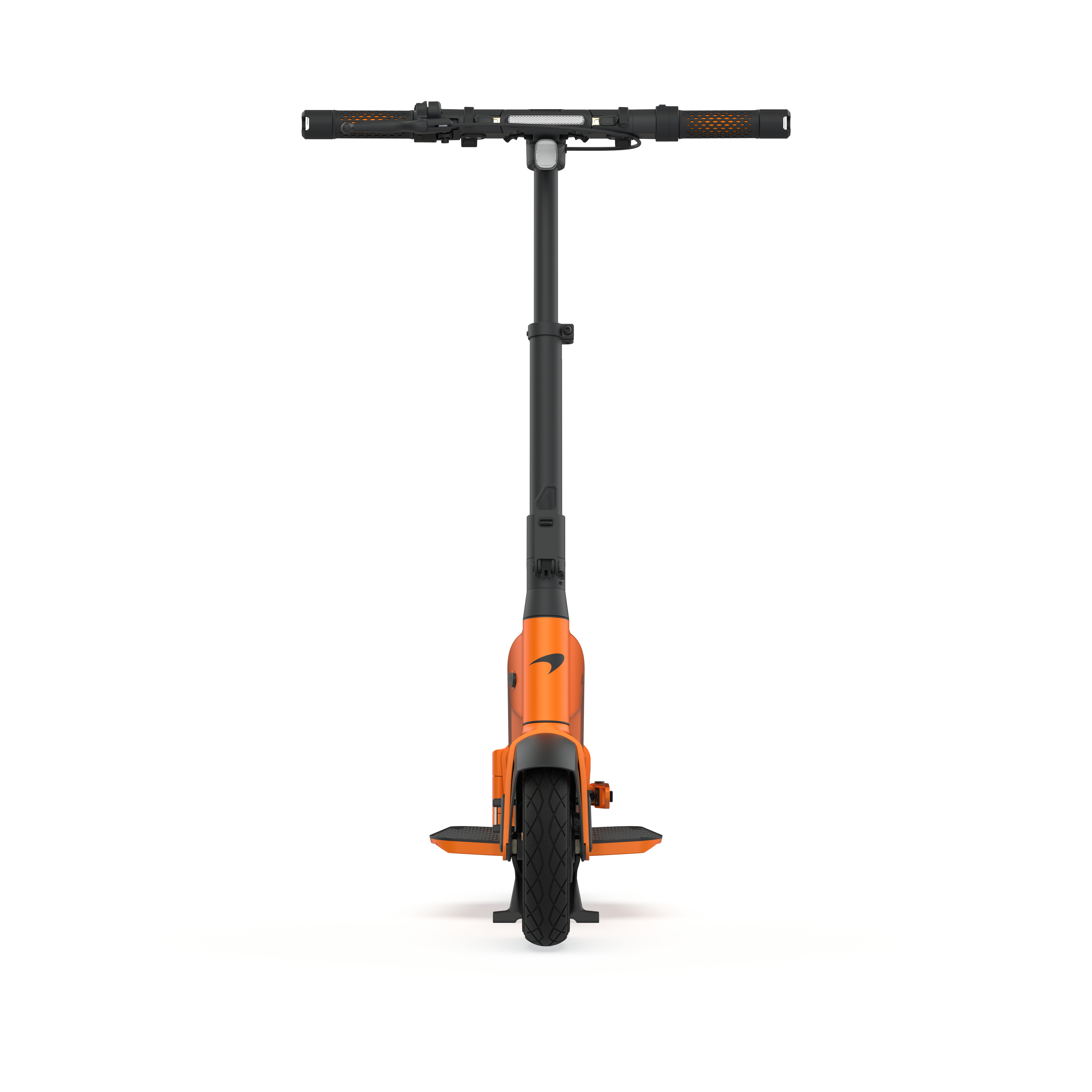 Ein orangefarbener Elektroroller mit schwarzem Lenker und Reifen.