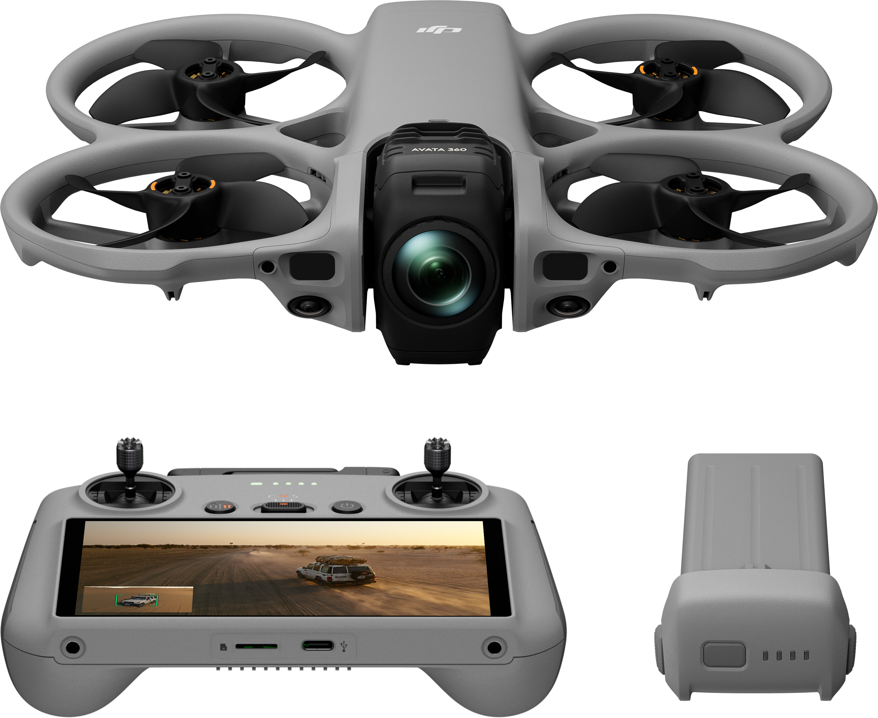 Szürke DJI Avata 360 drón kontrollerrel és akkumulátorral.