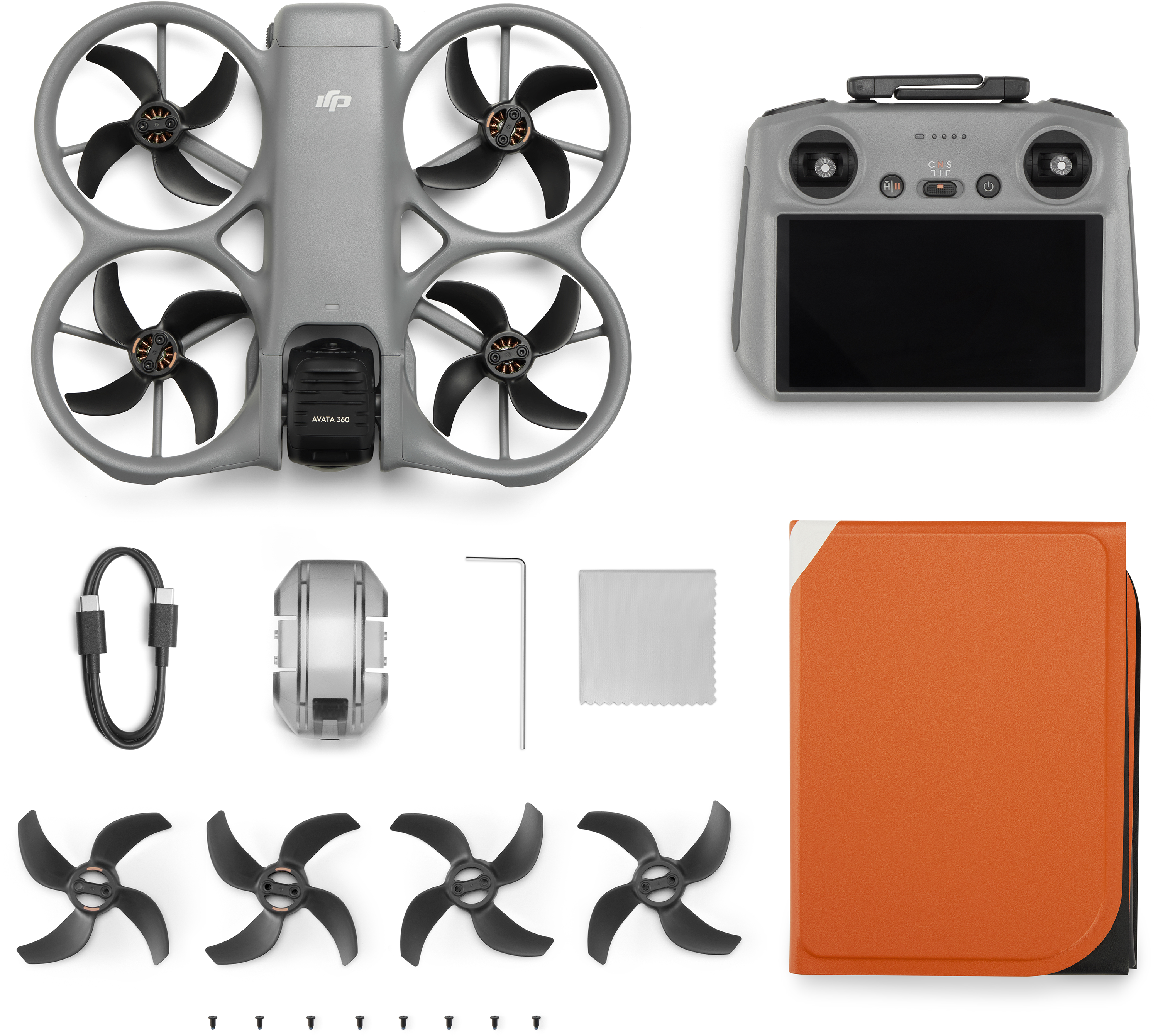 Szürke DJI Avata 360 drónkészlet távirányítóval, kábellel, légcsavarokkal és tokkal.